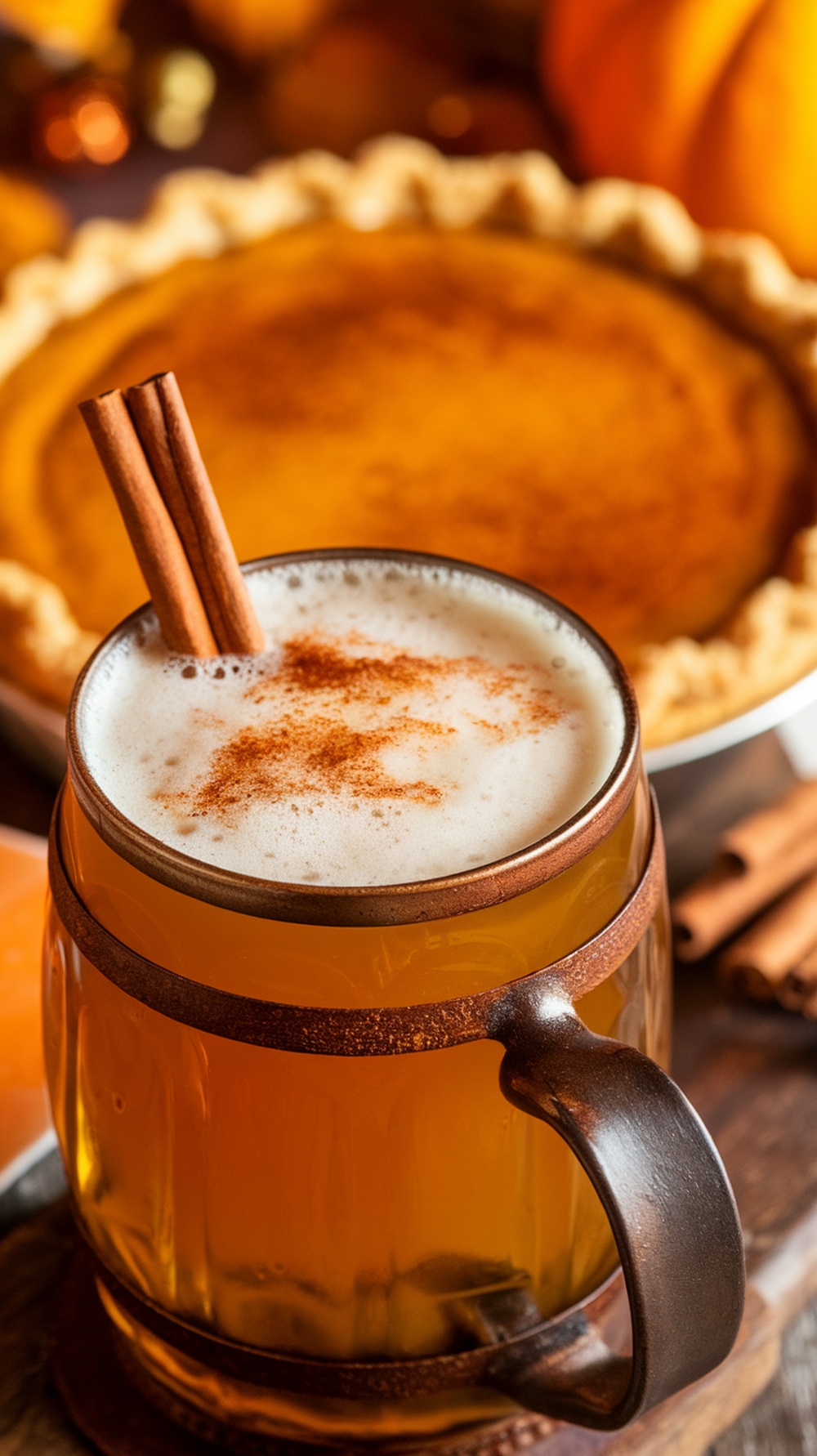 A warm spiced pumpkin ale served in a rustic mug with cinnamon sticks, next to a pumpkin pie.