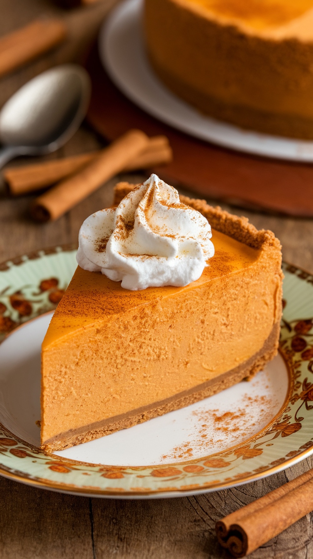 A slice of pumpkin spice cheesecake with a graham cracker crust, topped with whipped cream and cinnamon.