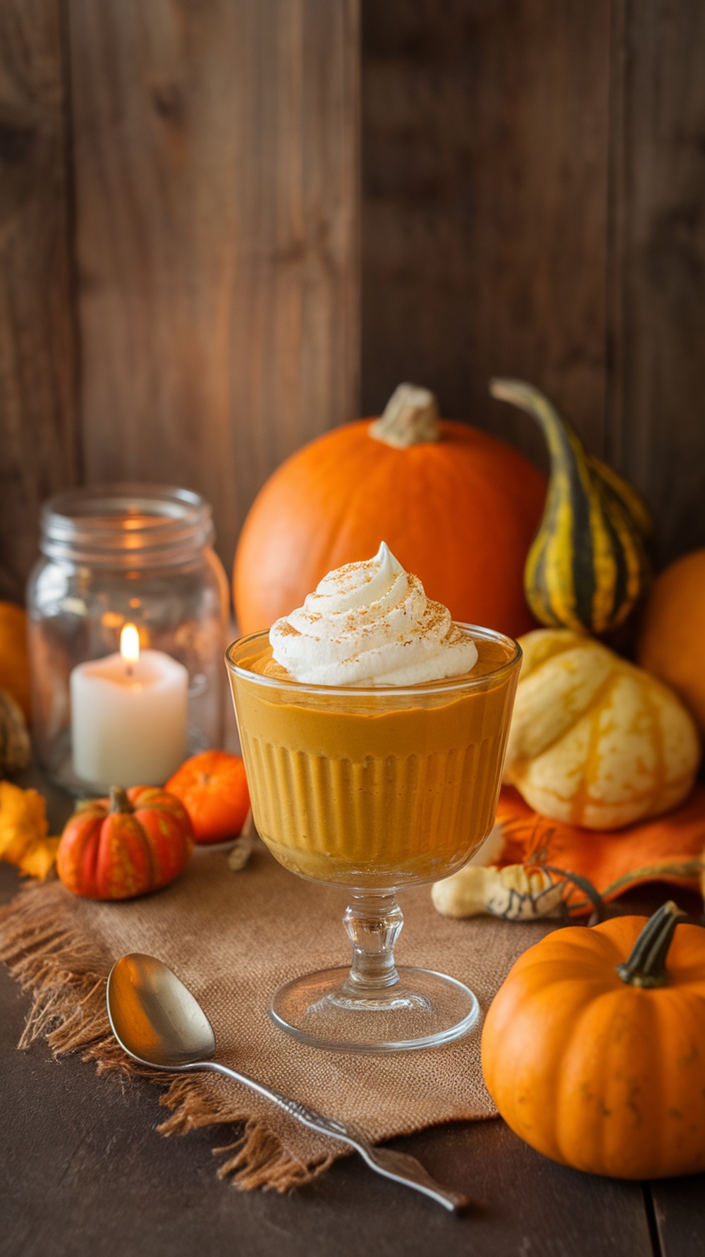 A delicious maple pumpkin mousse topped with whipped cream, surrounded by pumpkins and autumn decorations.