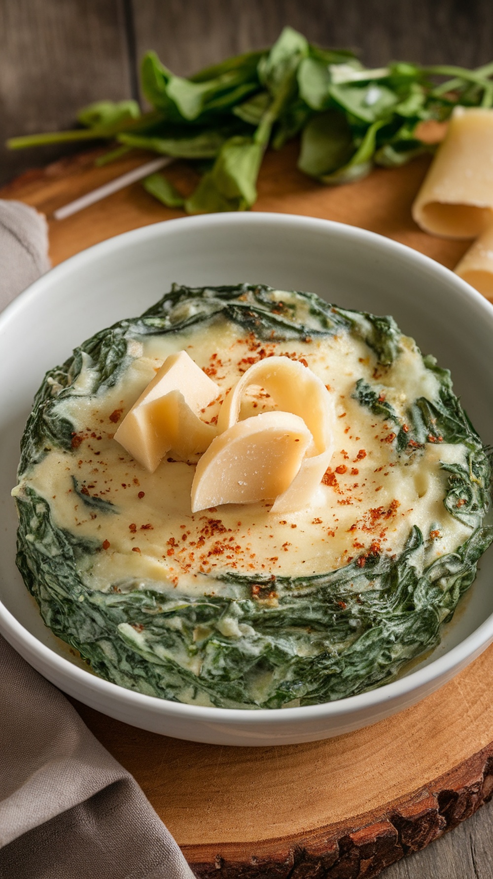 A bowl of creamed spinach topped with Parmesan cheese and paprika, surrounded by fresh spinach leaves.