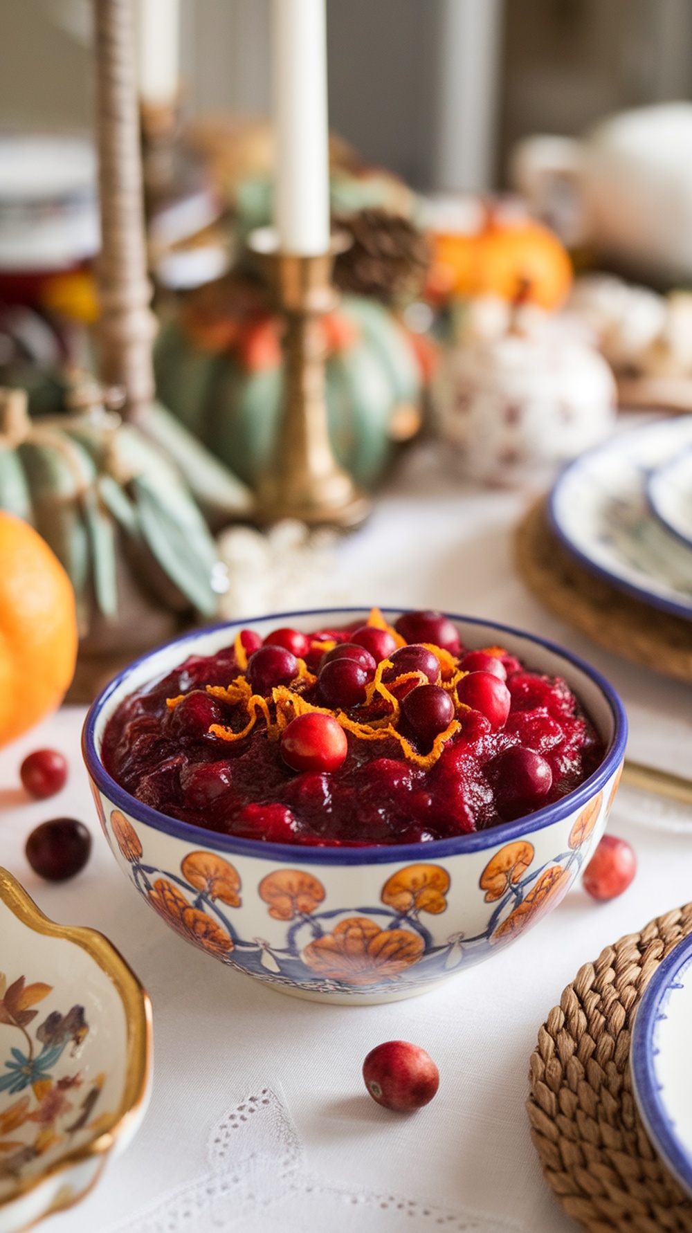 A bowl of cranberry orange sauce garnished with cranberries and orange zest, surrounded by decorative pumpkins and a festive table setting.