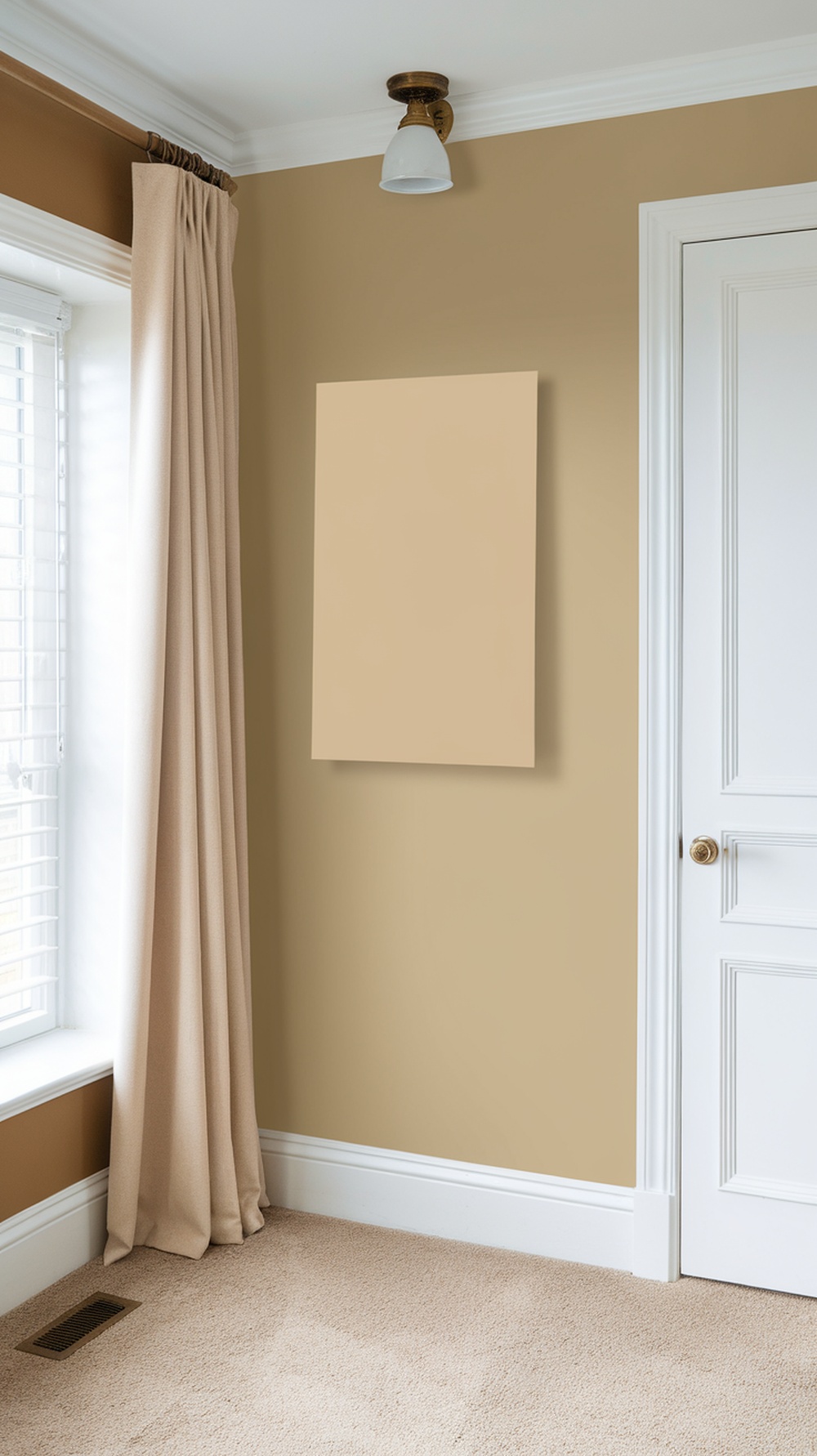 A cozy room painted in Accessible Beige with cream curtains and white trim.