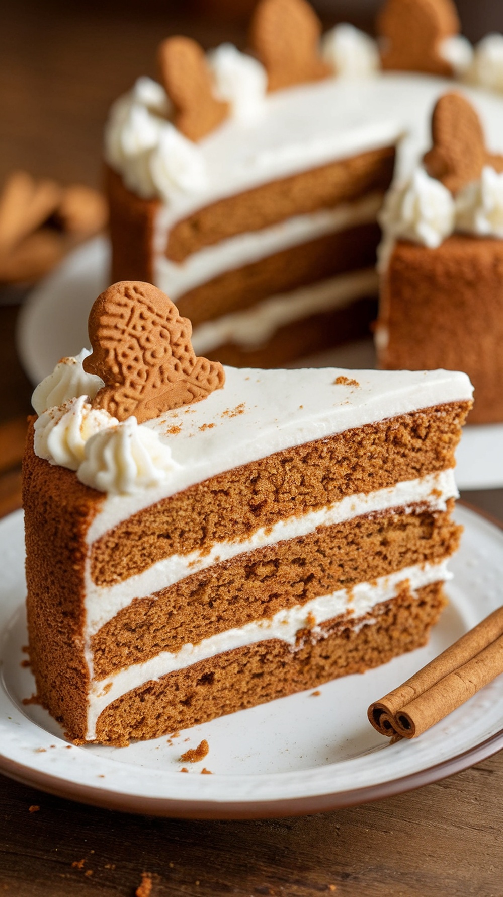 A slice of gingerbread cake with cream cheese frosting and gingerbread cookie decoration.