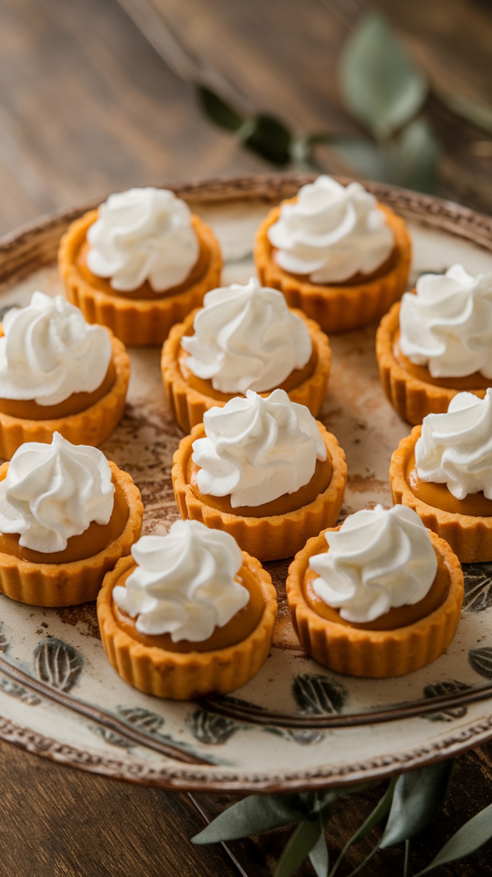 A plate of mini pumpkin pies topped with whipped cream