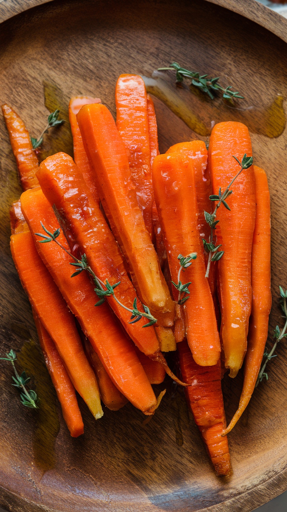 Maple glazed carrots on a wooden plate