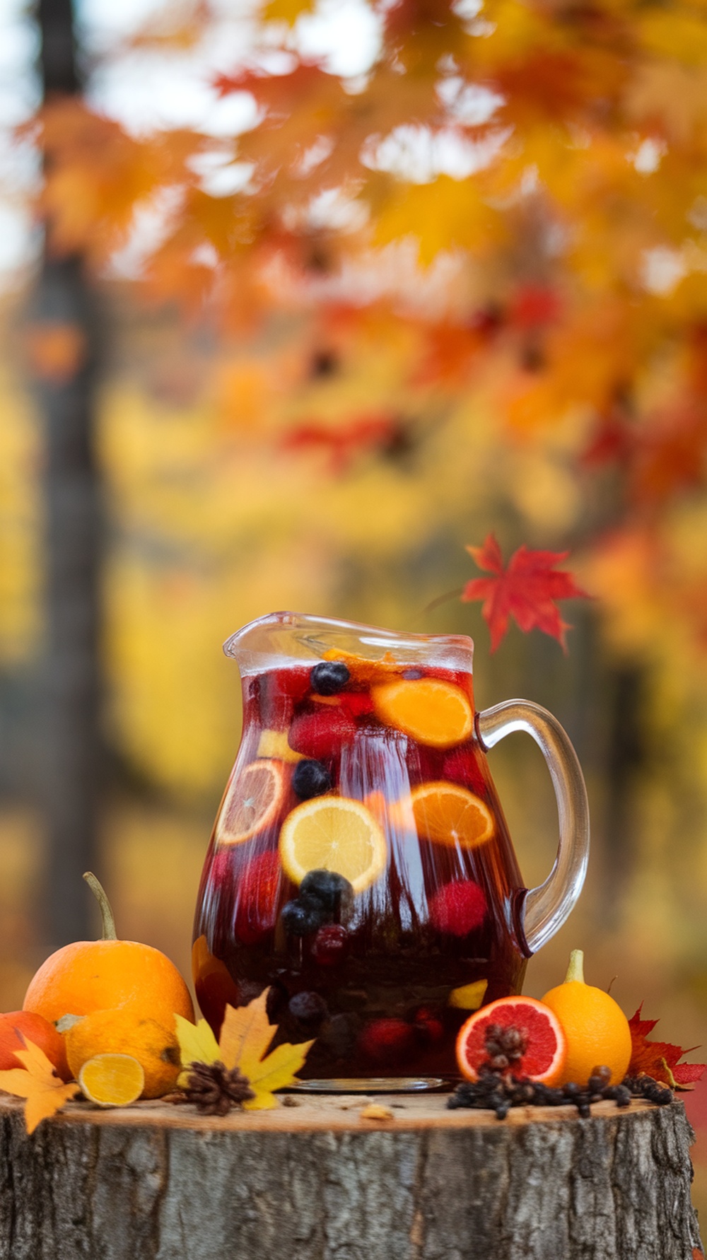 A pitcher of autumn sangria filled with fresh fruit, surrounded by colorful autumn leaves.