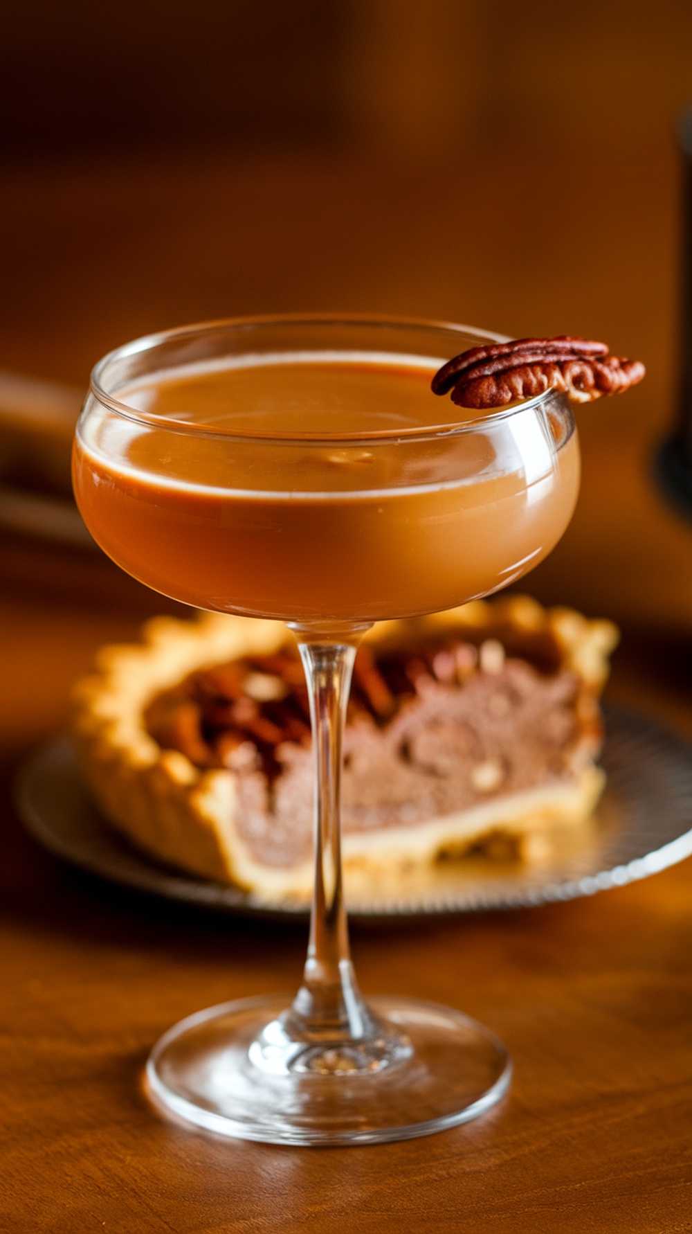 A Pecan Pie Martini served in a classic martini glass with a pecan garnish, alongside a slice of pecan pie.