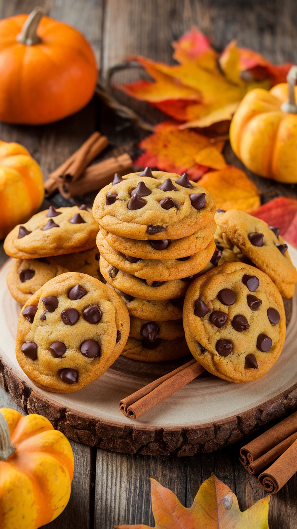 A stack of chocolate chip pumpkin cookies on a wooden plate, surrounded by autumn leaves and small pumpkins.