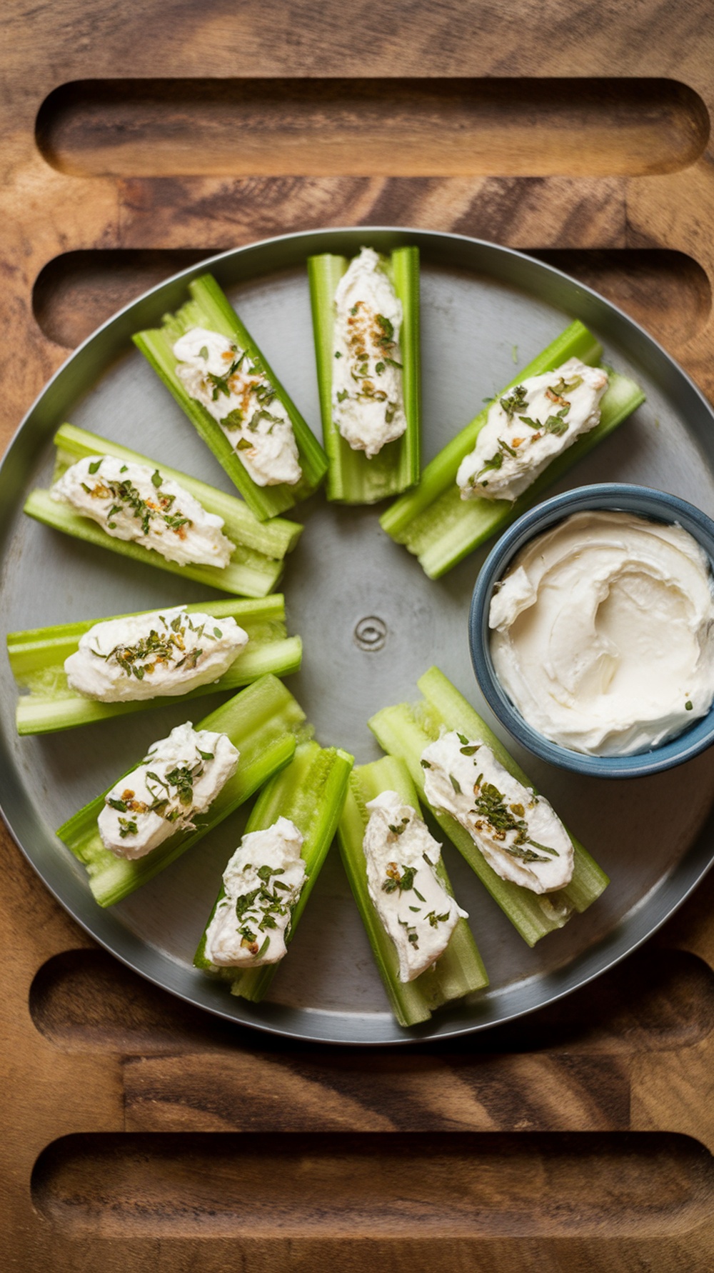 A platter of stuffed celery sticks with cream cheese and herbs.