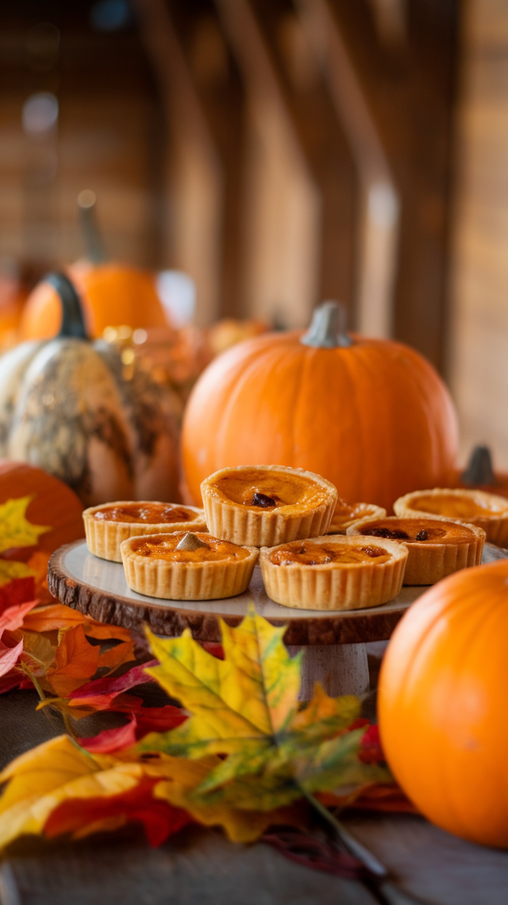 Mini pumpkin quiches on a wooden platter surrounded by pumpkins and autumn leaves.