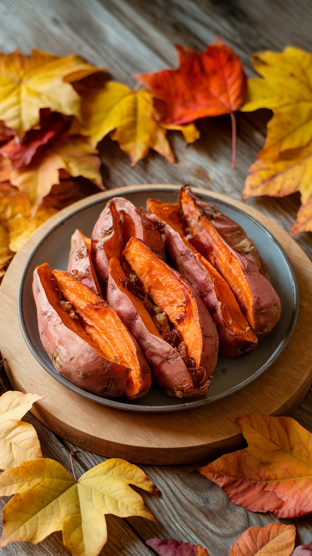 Maple roasted sweet potatoes on a plate surrounded by autumn leaves.