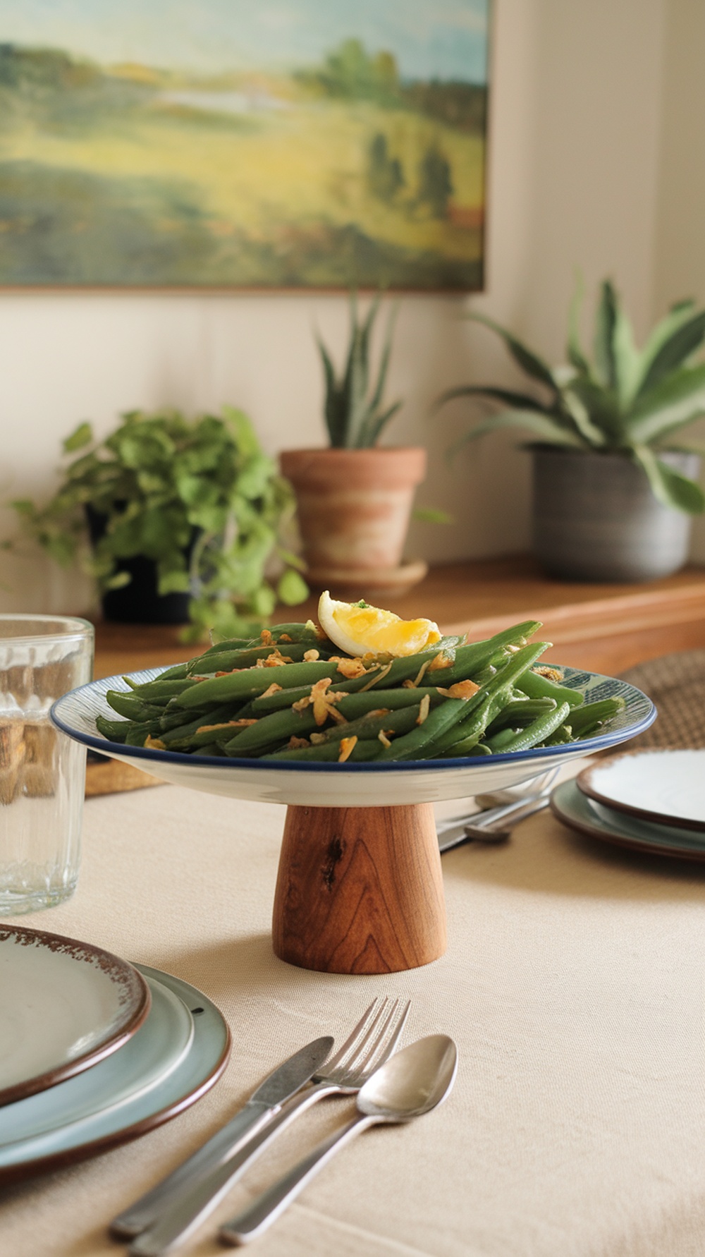A plate of green bean almondine garnished with almonds and lemon on a wooden stand.