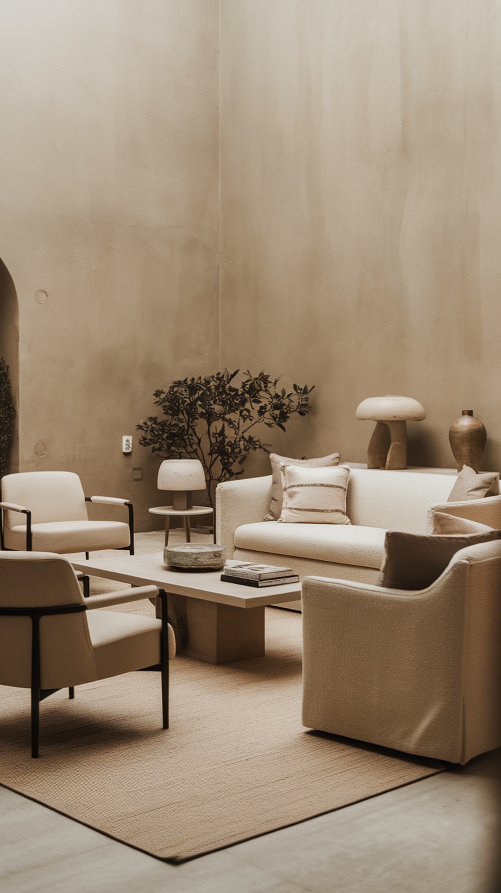 Cozy living room with greige walls and light-colored furniture