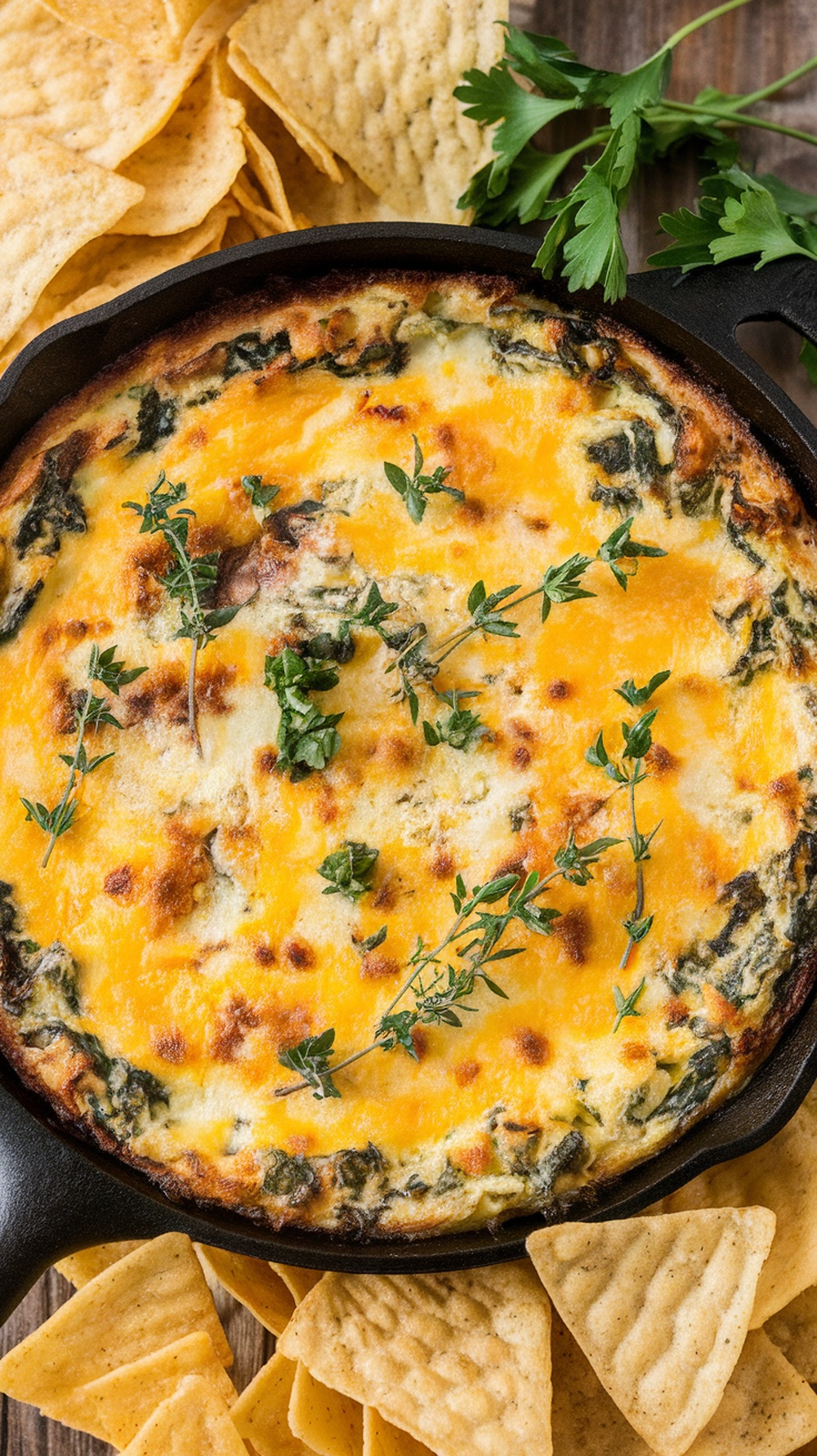 A delicious cheesy spinach artichoke dip served in a cast iron skillet with tortilla chips on the side.