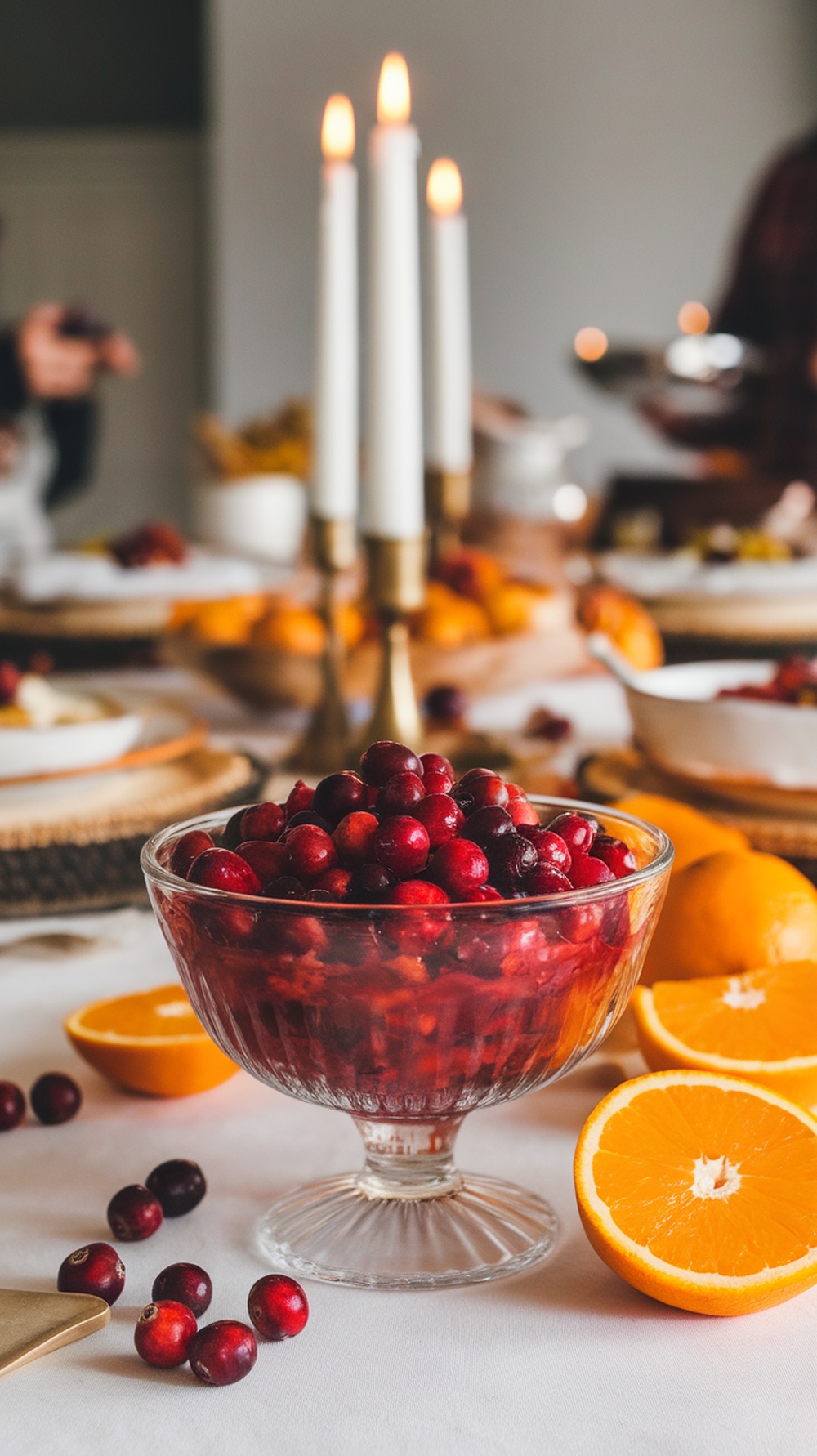 A bowl of cranberry orange relish surrounded by fresh oranges and candles on a Thanksgiving table.