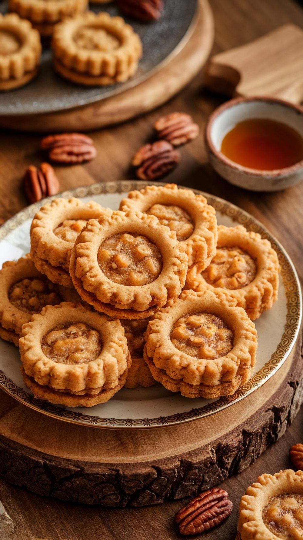 A plate of Maple Pecan Shortbread Cookies with a few pecans scattered around.