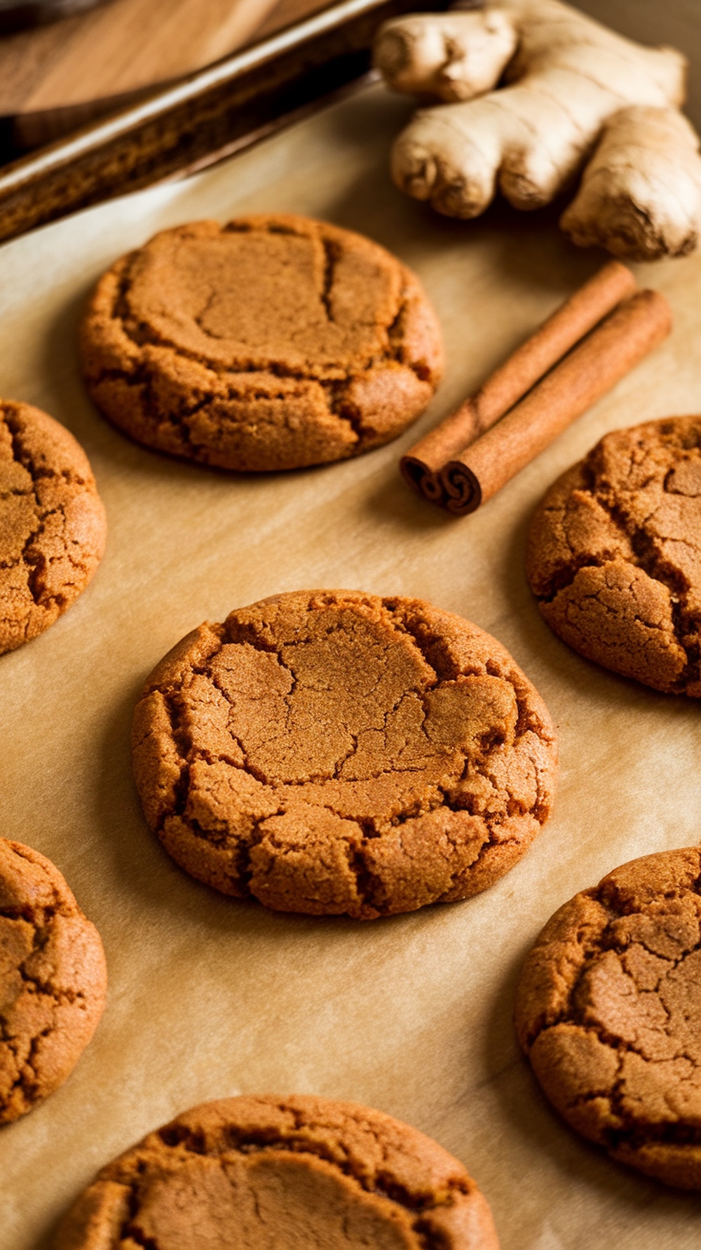 Ginger molasses cookies with ginger root and cinnamon sticks