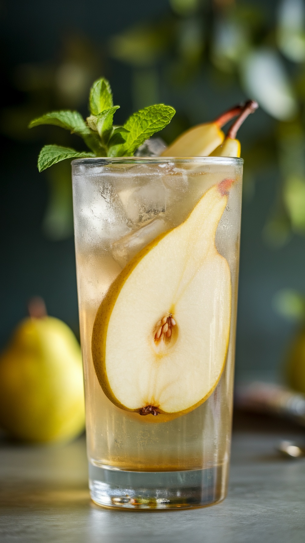 A refreshing Ginger Pear Fizz drink garnished with mint and pear slices.