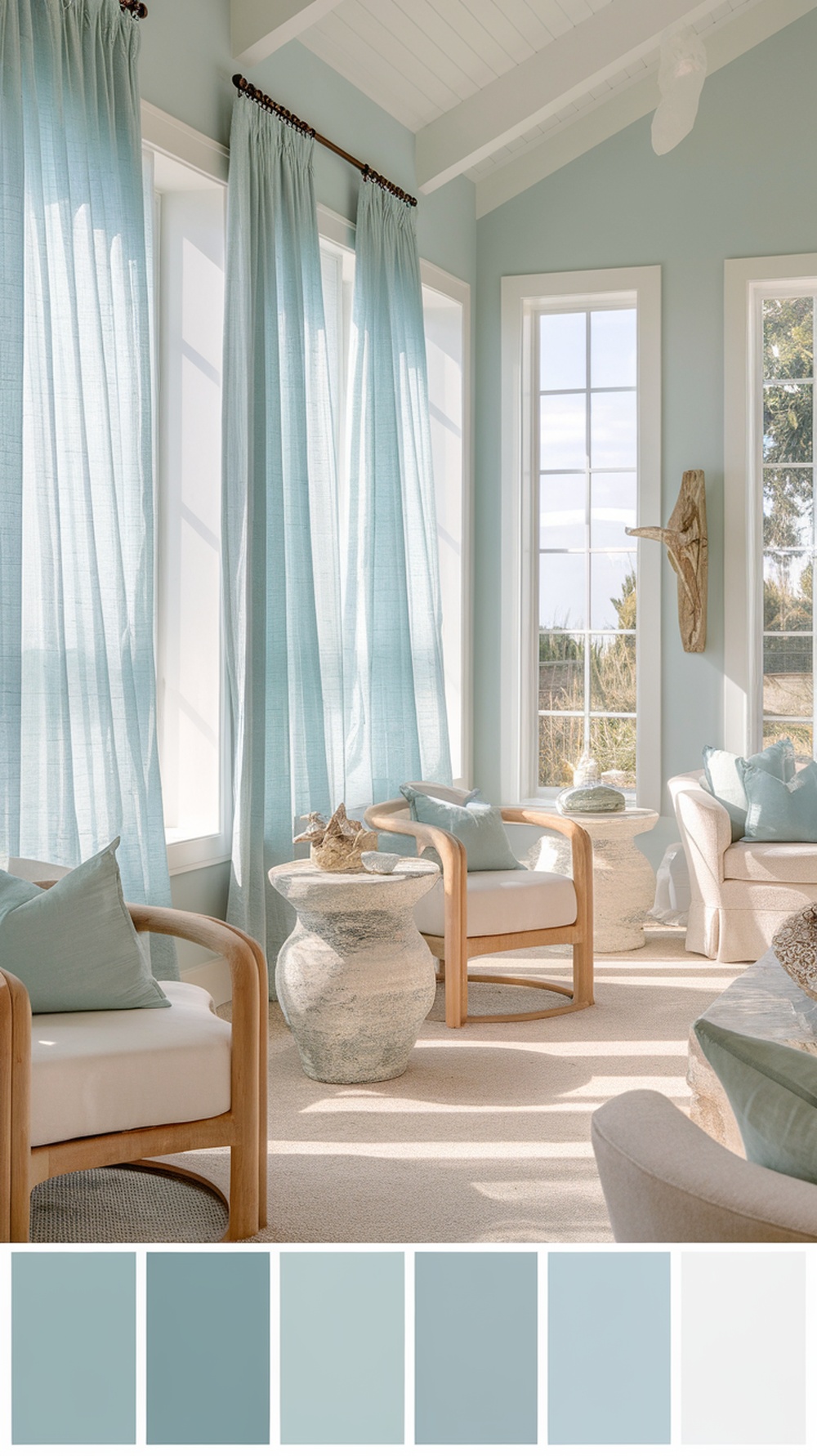 A bright room with Upward by Sherwin Williams, featuring soft blue curtains and cushions, creating a calm coastal atmosphere.