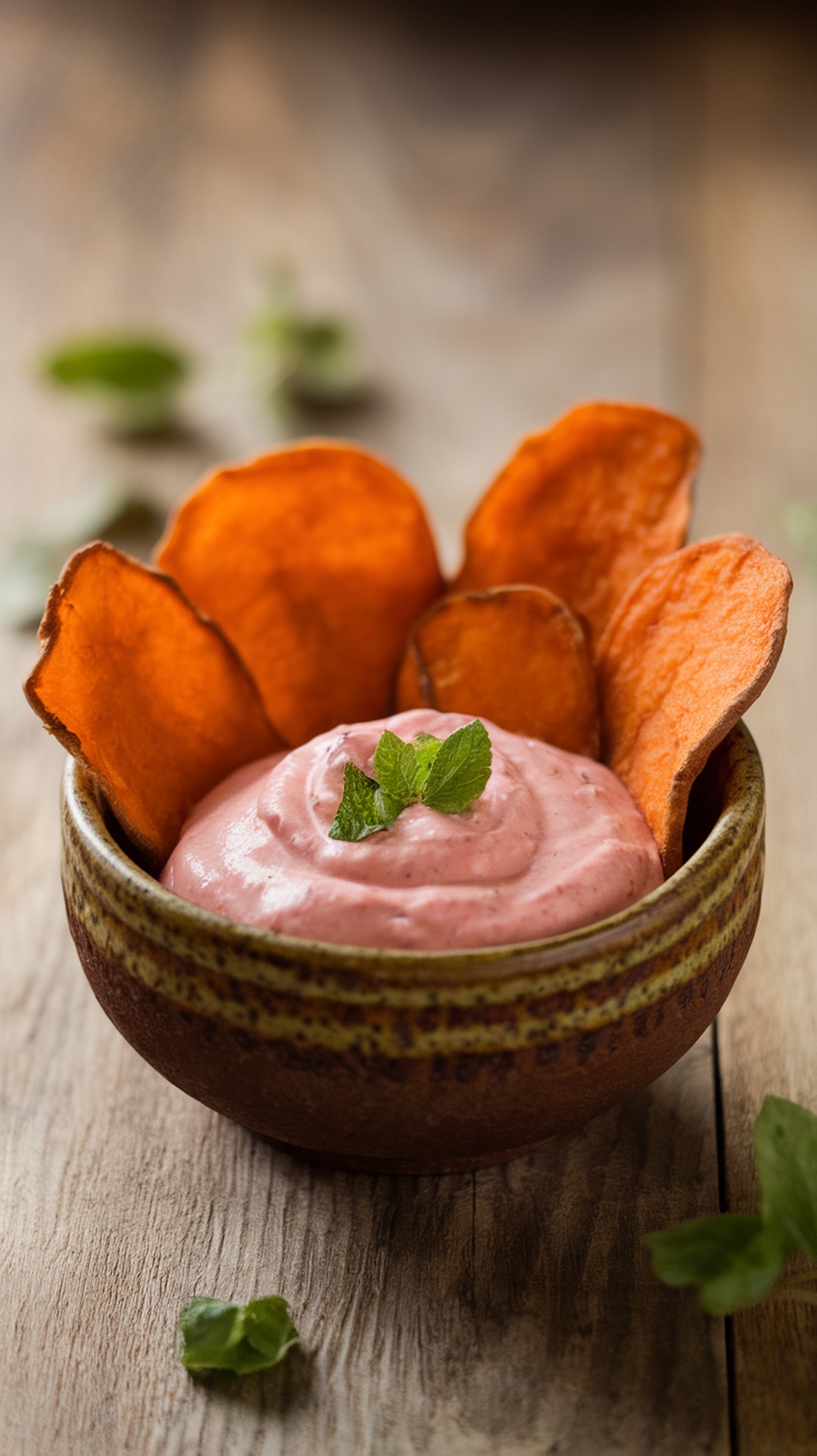 A bowl of sweet potato chips with a creamy dip, garnished with mint leaves.