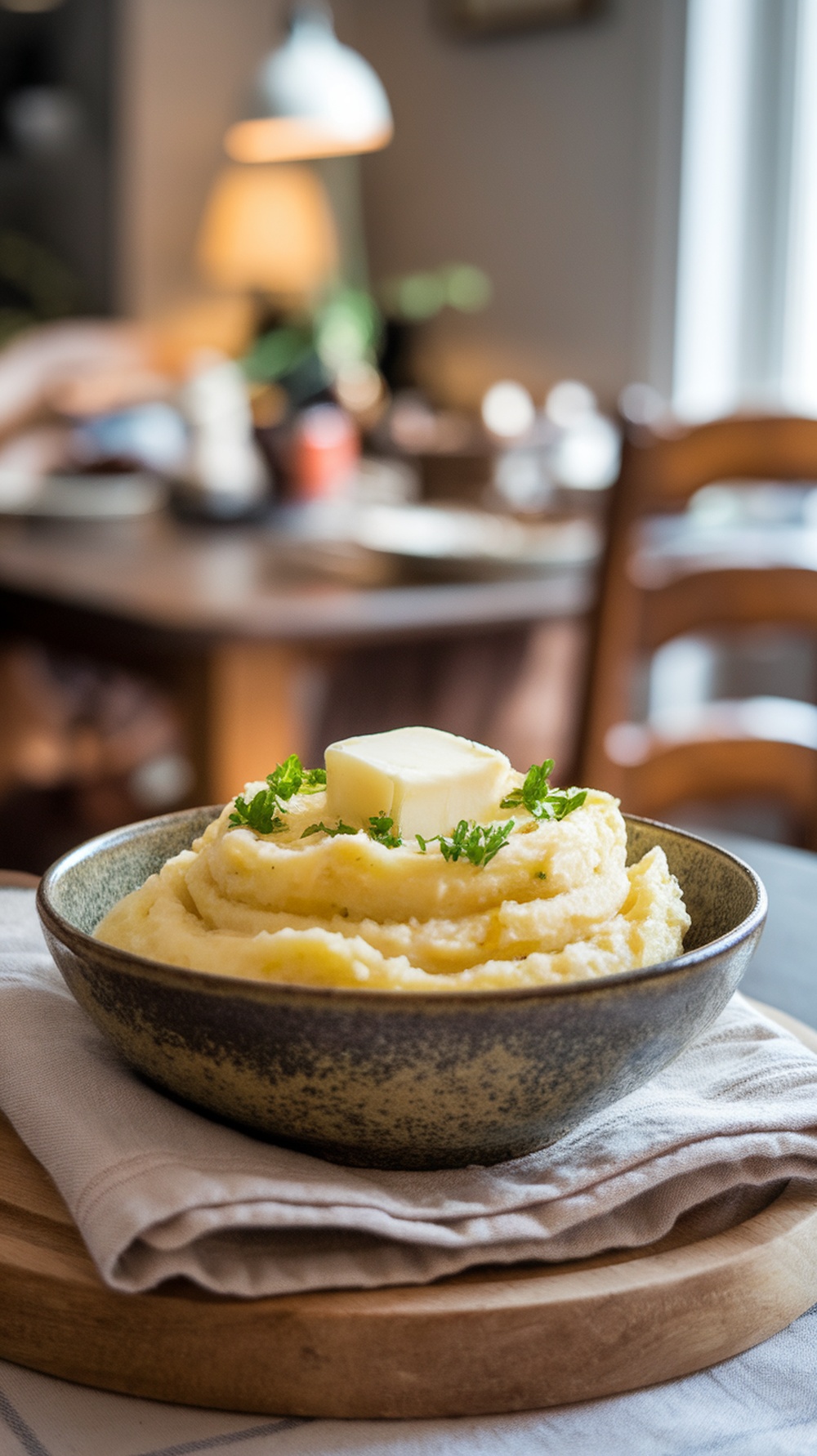 A bowl of creamy garlic mashed potatoes topped with butter and parsley.