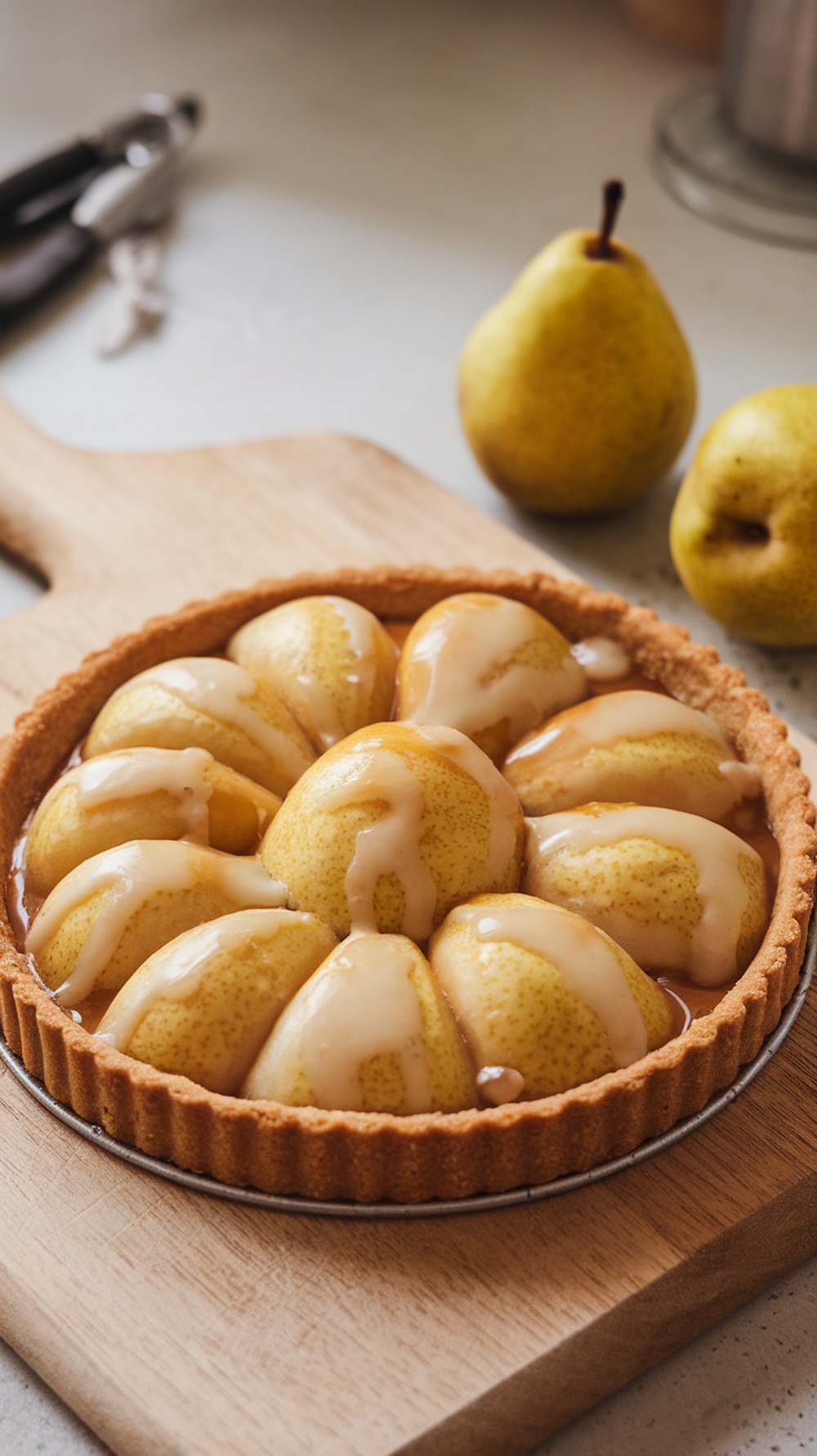 A delicious Pear and Almond Tart with a honey glaze, garnished with fresh pears.