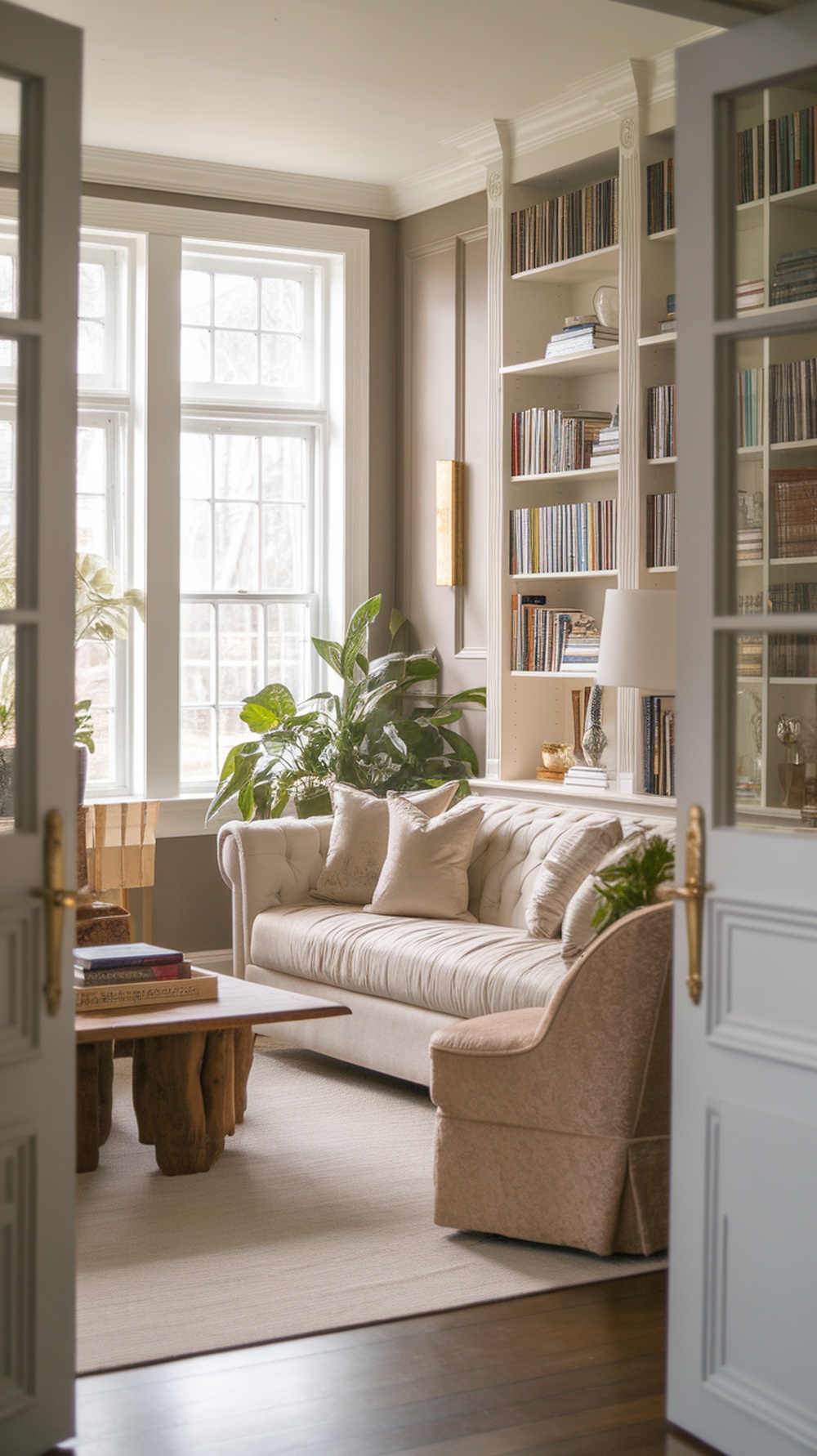 A cozy living room featuring soft gray walls, a plush couch, and natural light.