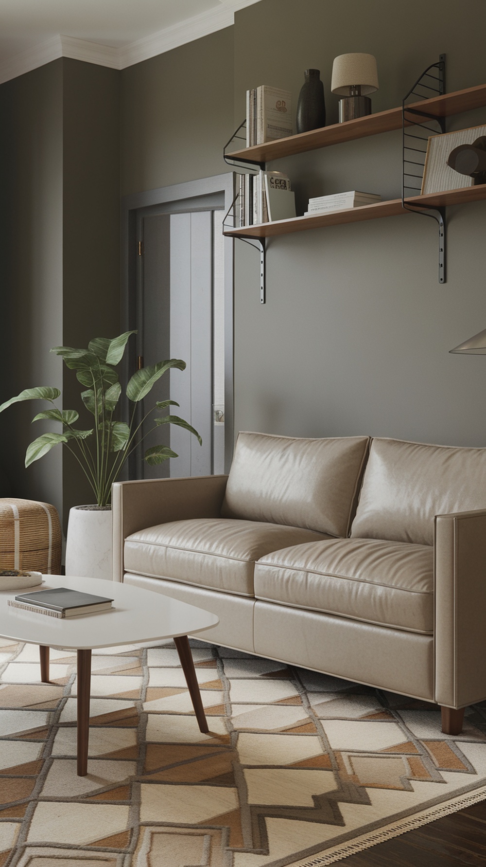 Living room featuring Gauntlet Gray walls, a beige sofa, and decorative shelves.