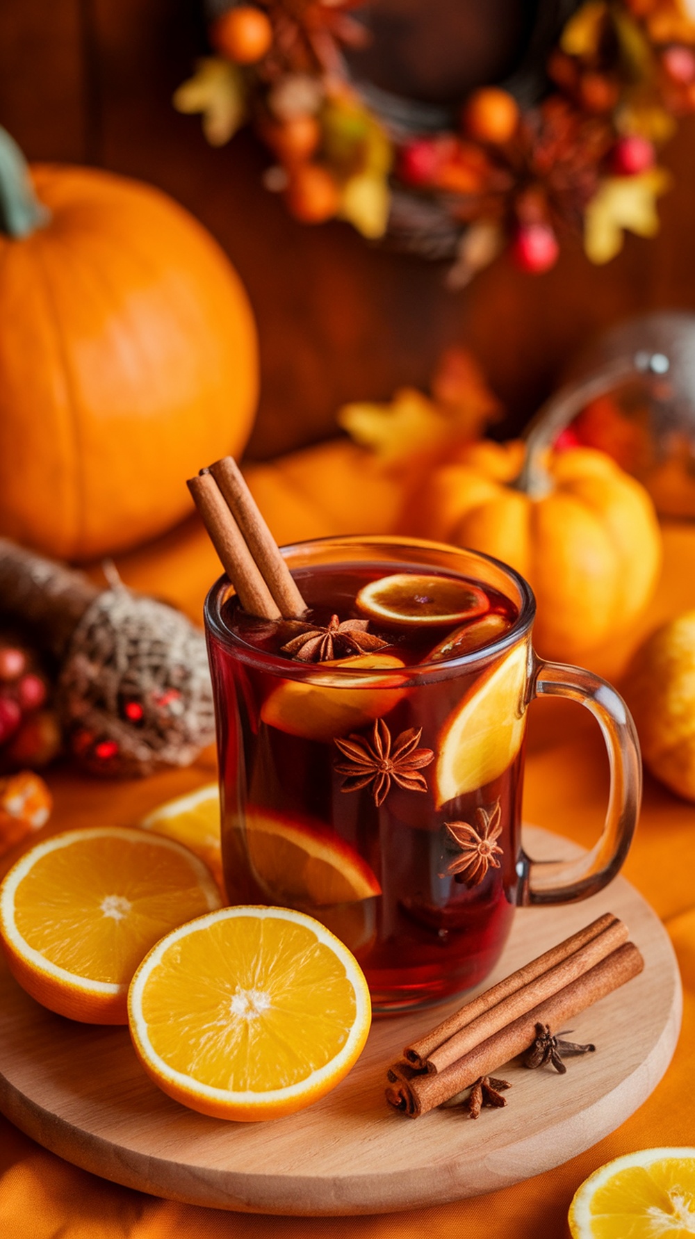 A cozy glass of mulled wine with citrus and spices, surrounded by autumn decorations.