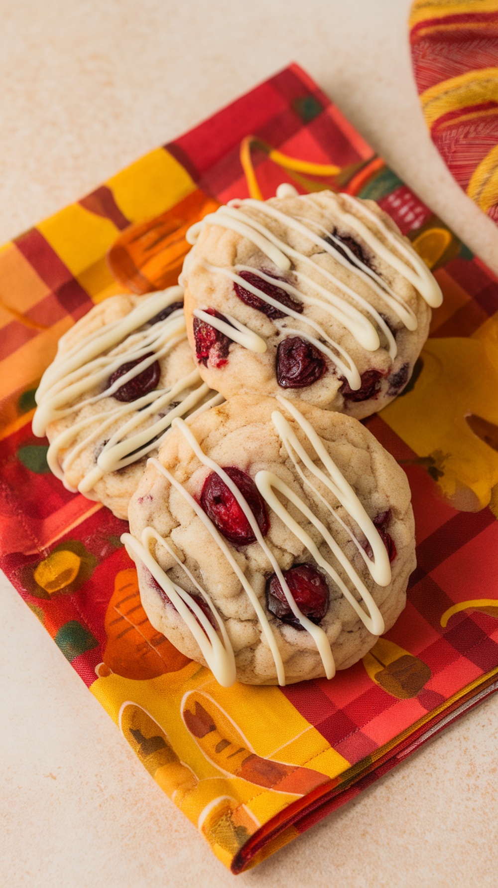 Delicious white chocolate cranberry cookies on a festive napkin