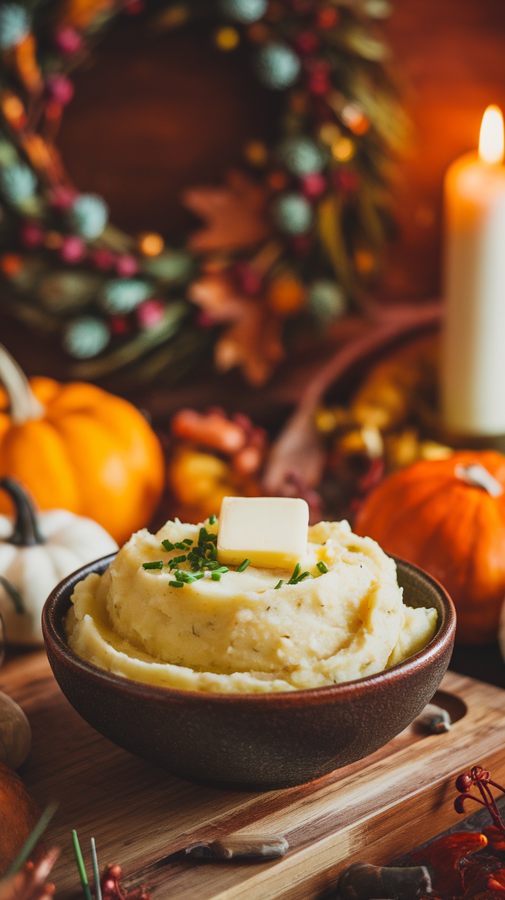 A bowl of creamy garlic mashed potatoes topped with butter and chives, surrounded by autumn decorations.