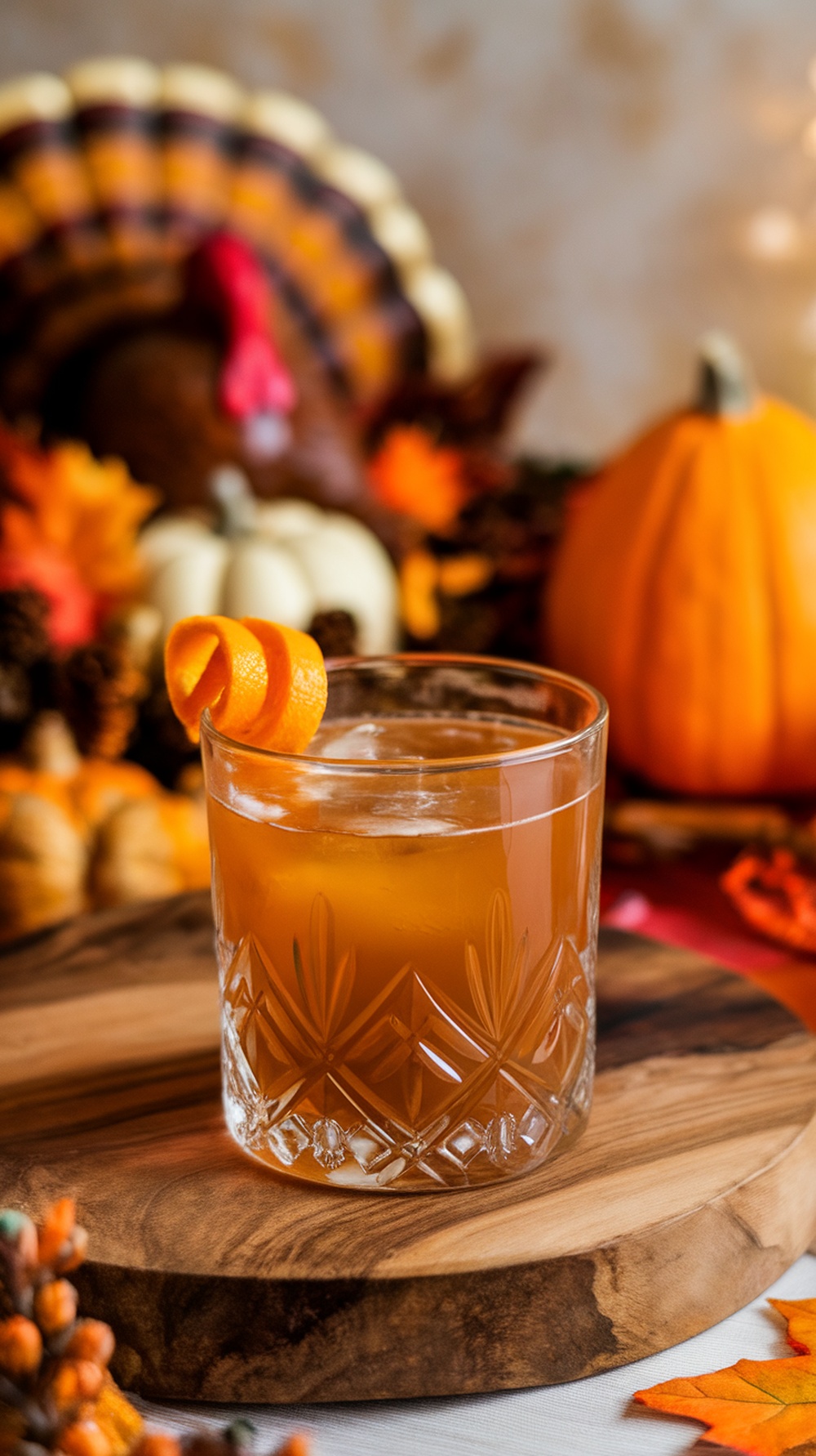A Maple Bourbon Old Fashioned cocktail garnished with an orange peel, set against a backdrop of autumn decorations.