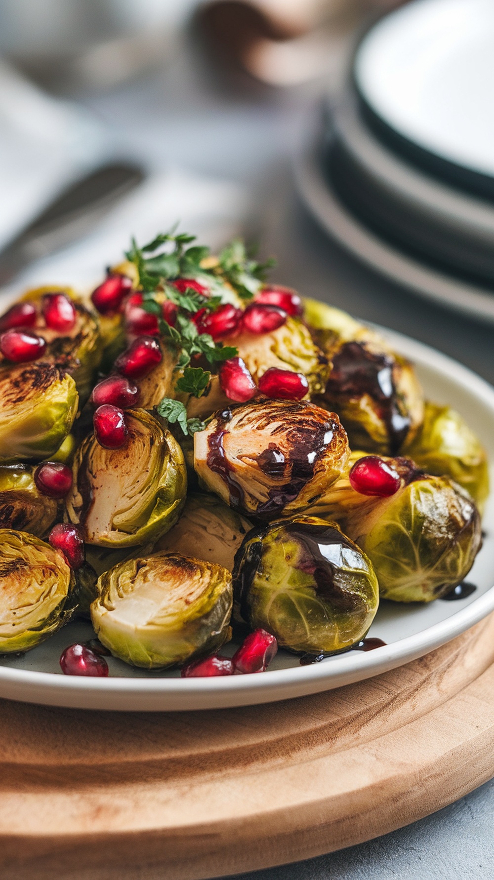 Roasted Brussels sprouts with balsamic glaze and pomegranate seeds on a plate.