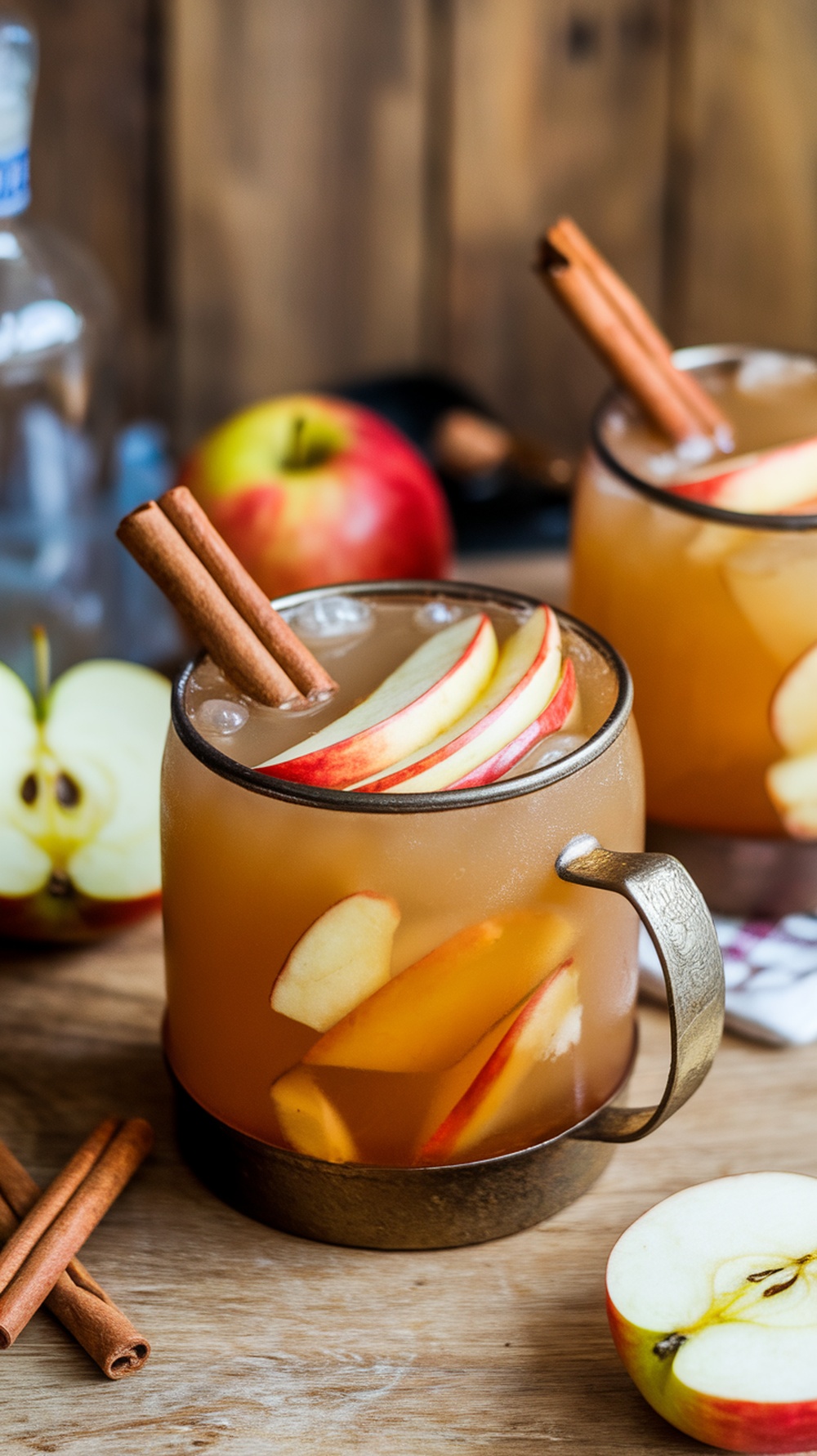 A cozy mug of spiced apple cider with rum, garnished with apple slices and cinnamon sticks.