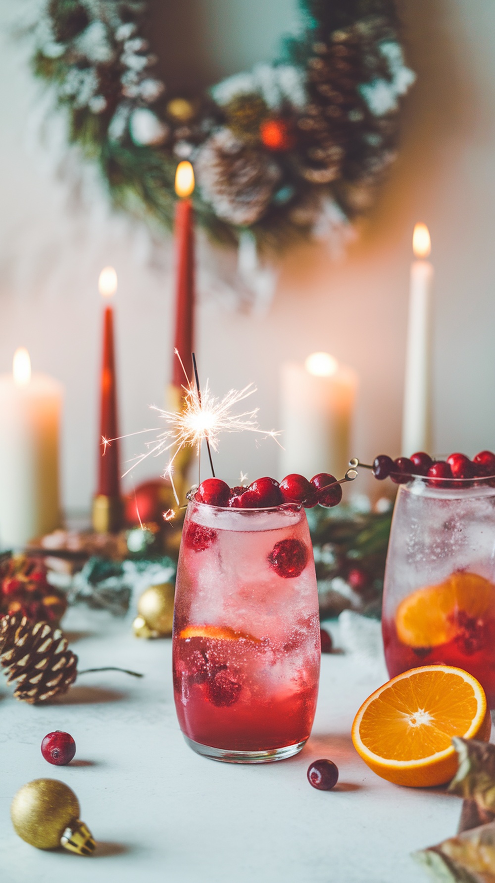 A festive Cranberry Orange Sparkler drink garnished with cranberries and an orange slice, surrounded by holiday decorations.