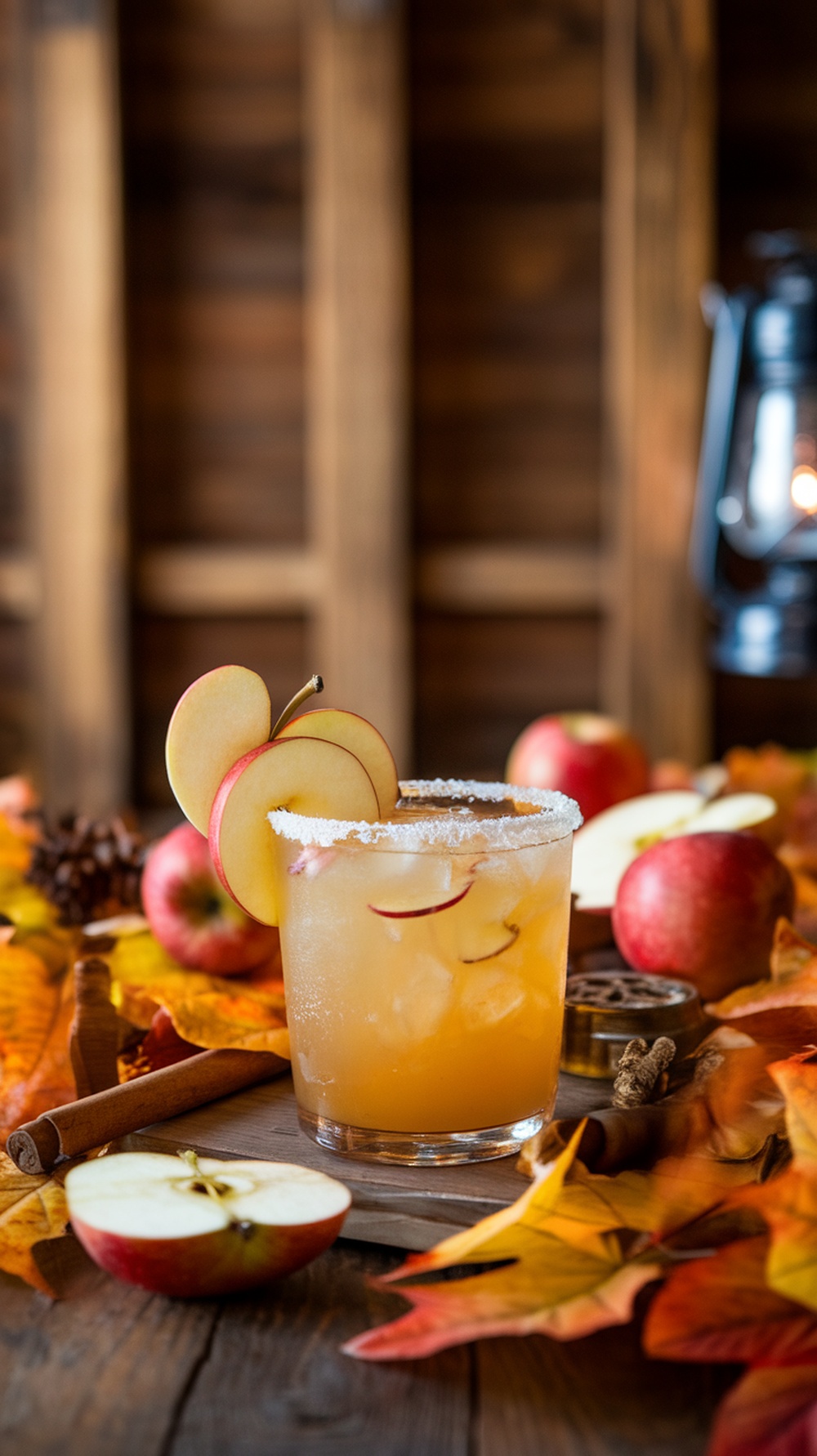 A refreshing apple cider margarita garnished with apple slices, surrounded by autumn leaves and rustic decor.