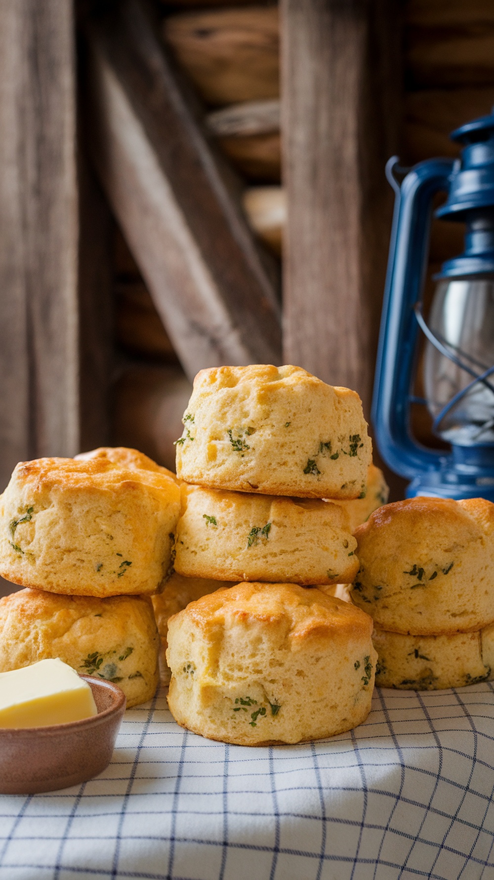 A stack of cheddar and chive scones with a butter pat on a checkered cloth.