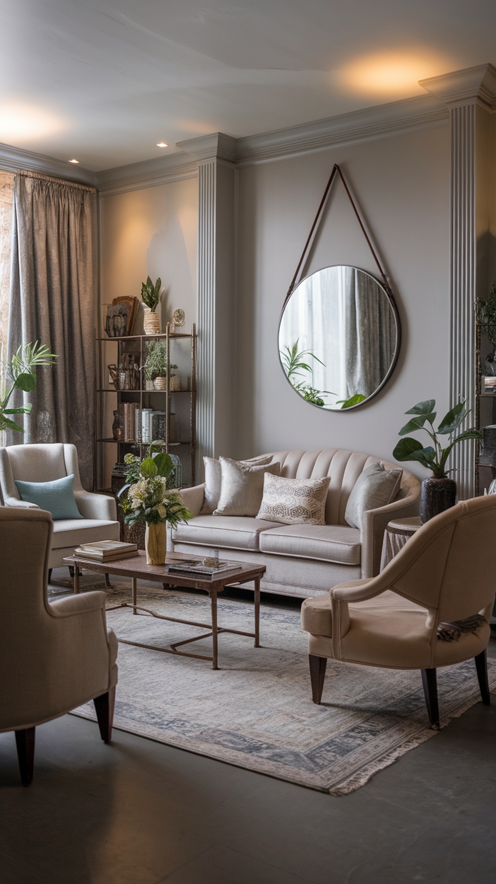 Living room featuring Anew Gray walls with light furniture and decor.