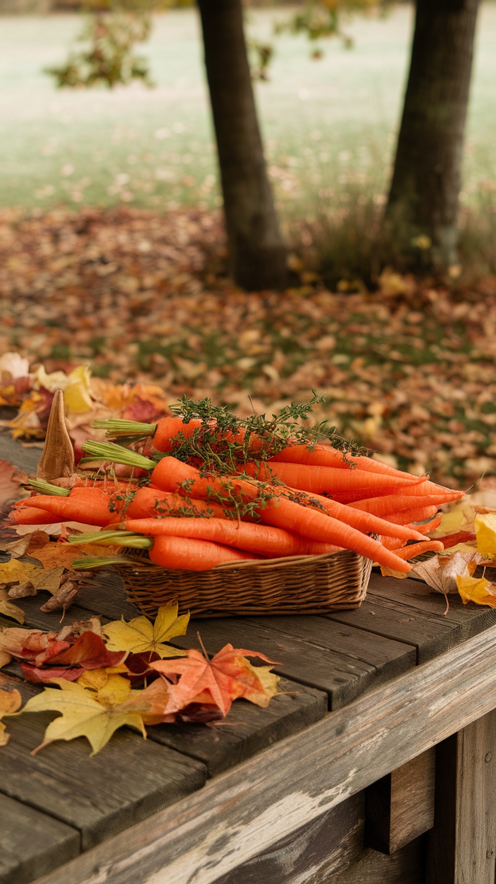 A basket of fresh carrots with thyme on a wooden table surrounded by autumn leaves.