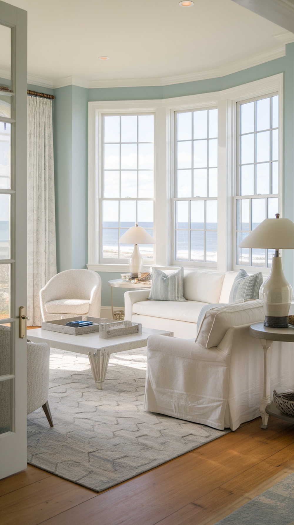 A bright and airy living room featuring Rainwashed paint on the walls, with large windows and coastal decor.