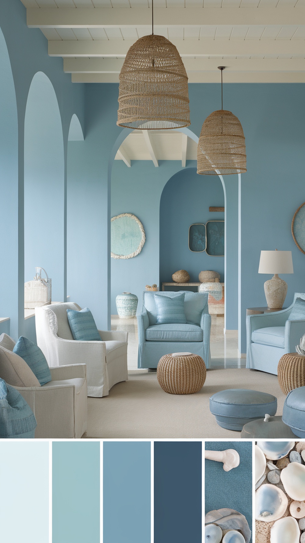 A bright room featuring Stardew blue walls, light furniture, and woven decor.