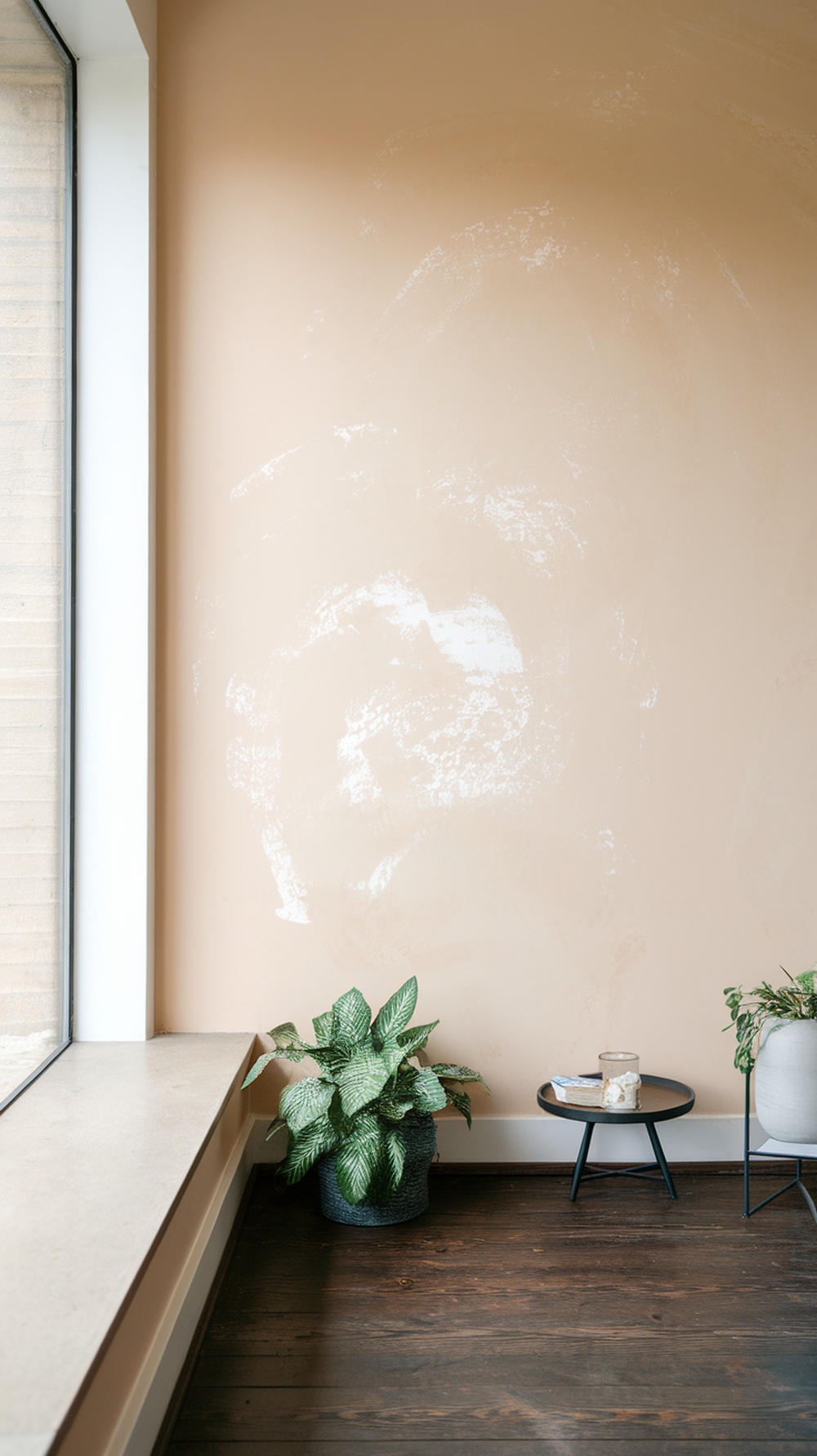 A cozy corner of a room with Malted Milk colored walls, featuring plants and natural light.