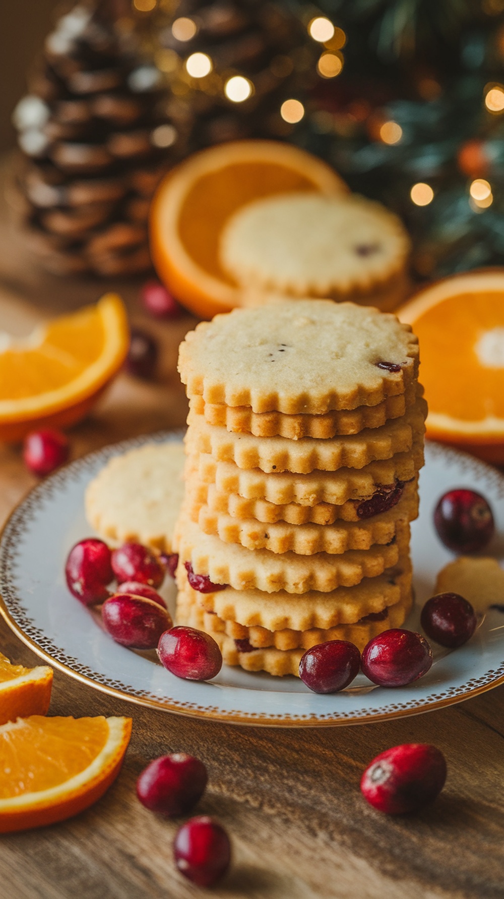 A stack of cranberry orange shortbread cookies with orange slices and cranberries on a plate.
