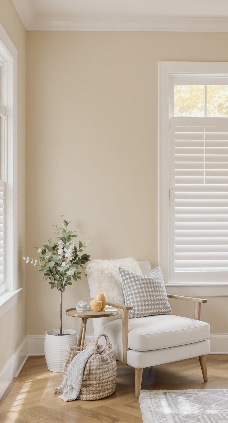 Interior space featuring Shiitake paint color on the walls, with a mushroom illustration and a potted plant.