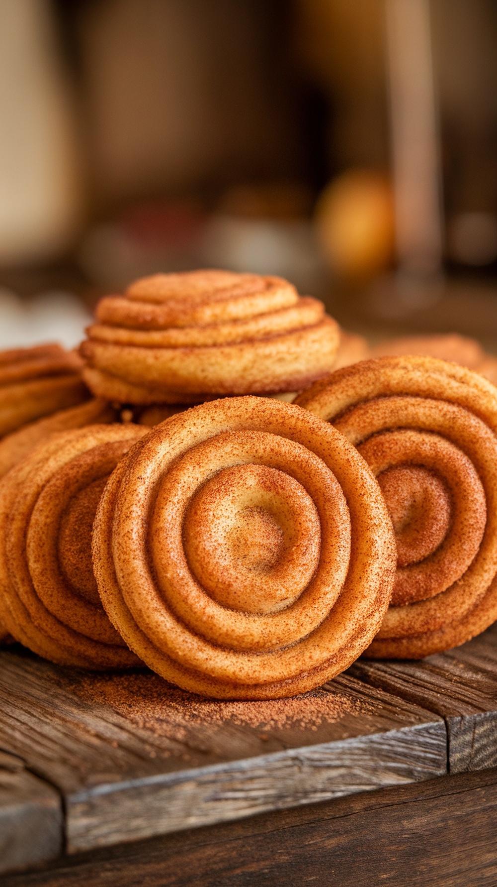 A close-up of beautifully swirled pumpkin spice snickerdoodle cookies stacked on a wooden surface.