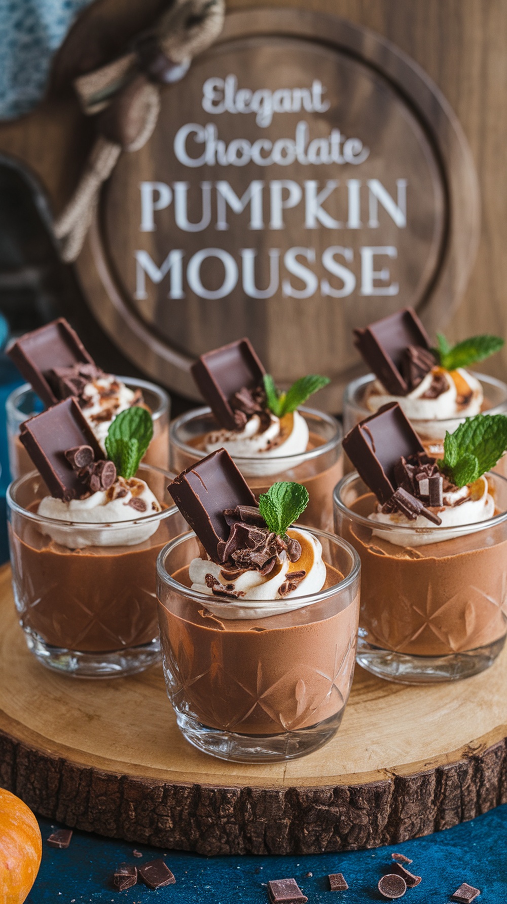 Chocolate Pumpkin Mousse Cups topped with whipped cream and chocolate shavings