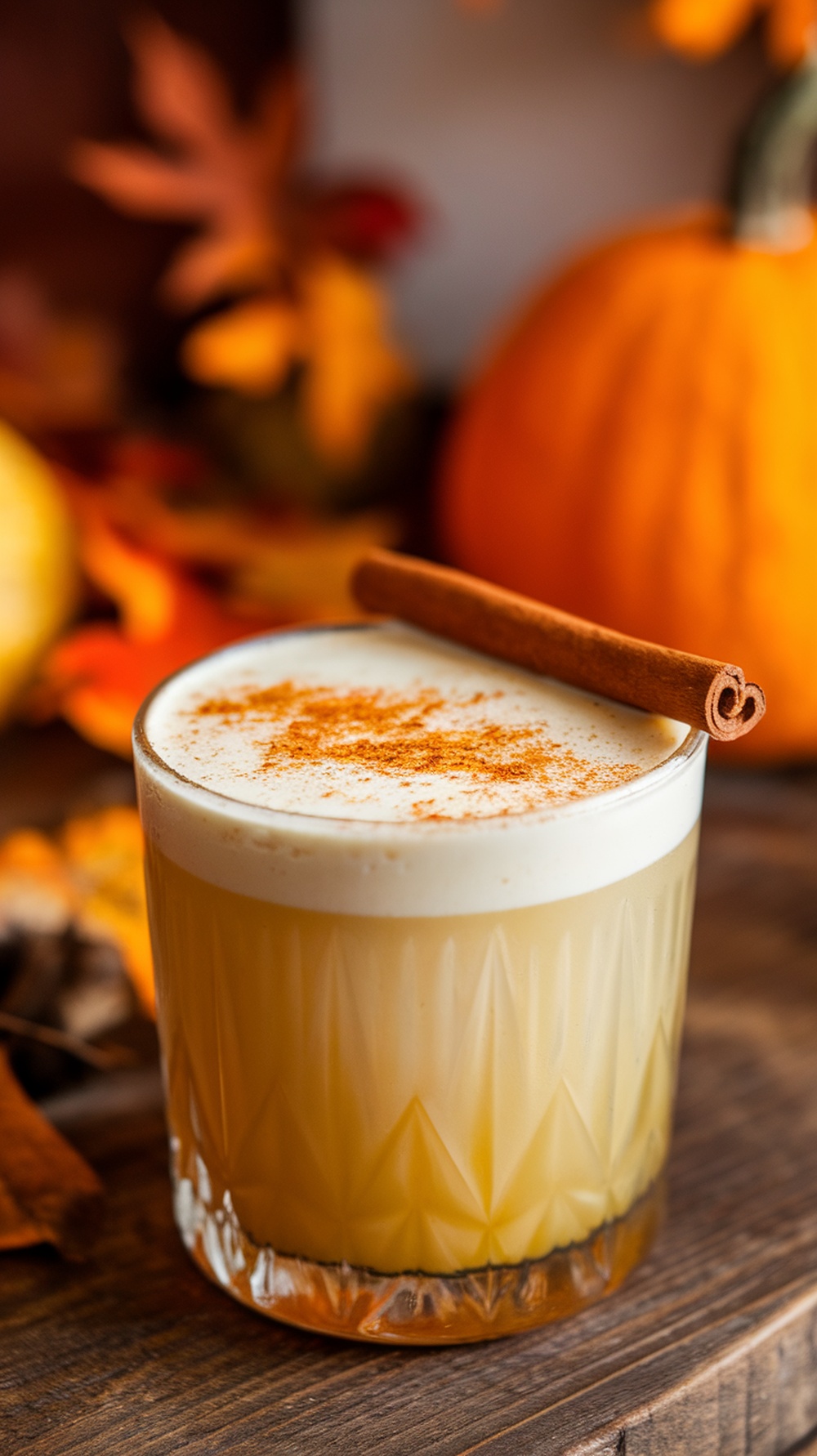 A Pumpkin Spice White Russian cocktail garnished with a cinnamon stick and sprinkled with cinnamon, set against a backdrop of autumn leaves and a pumpkin.