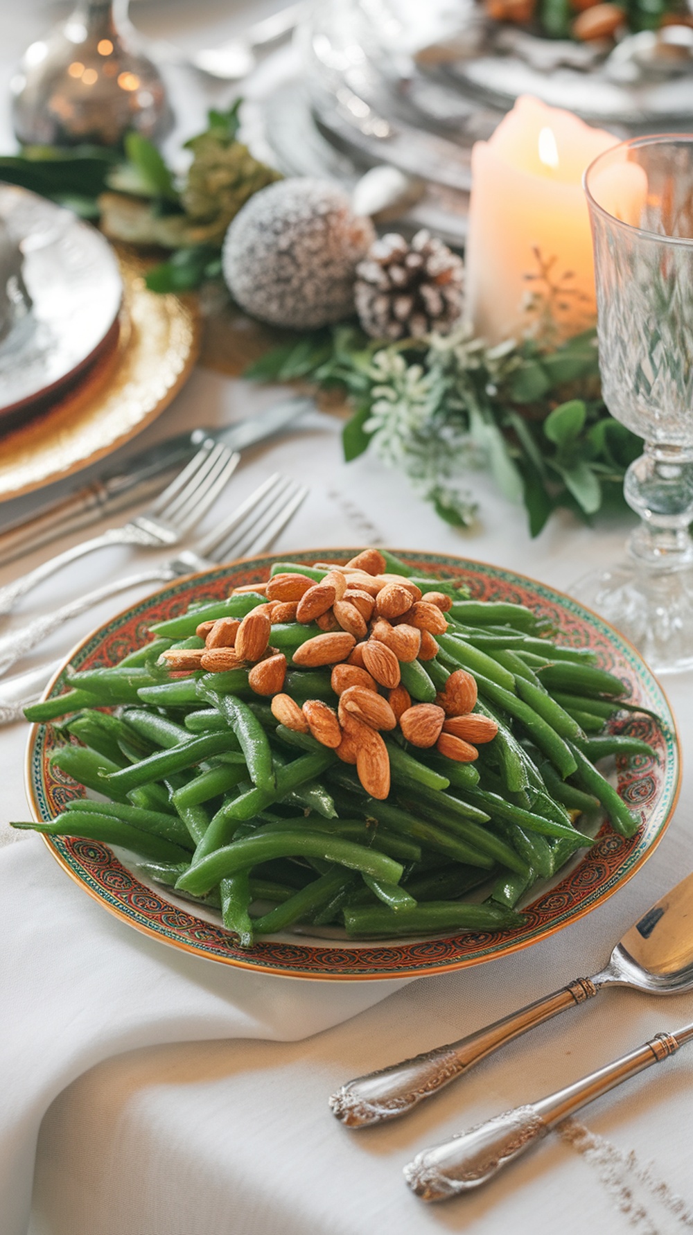 A plate of sautéed green beans topped with almonds, set on a beautifully decorated Thanksgiving table.