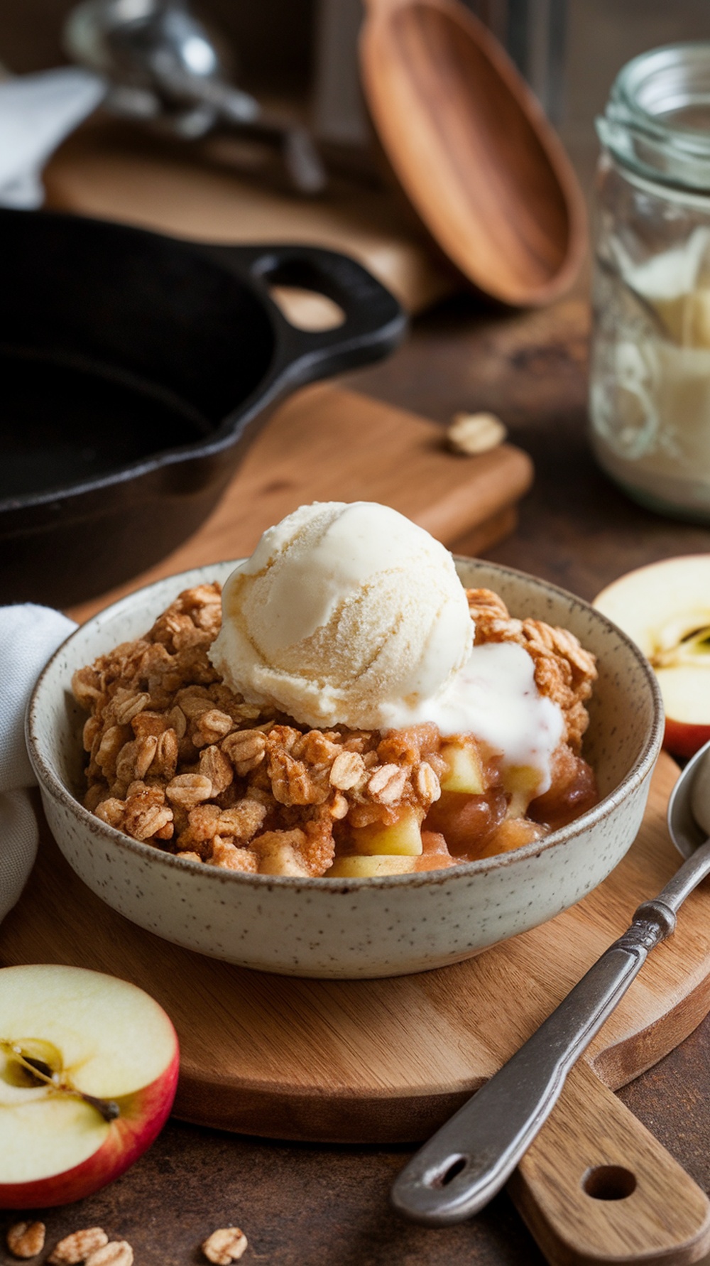 A bowl of apple crisp topped with ice cream, with sliced apples and a wooden spoon nearby.