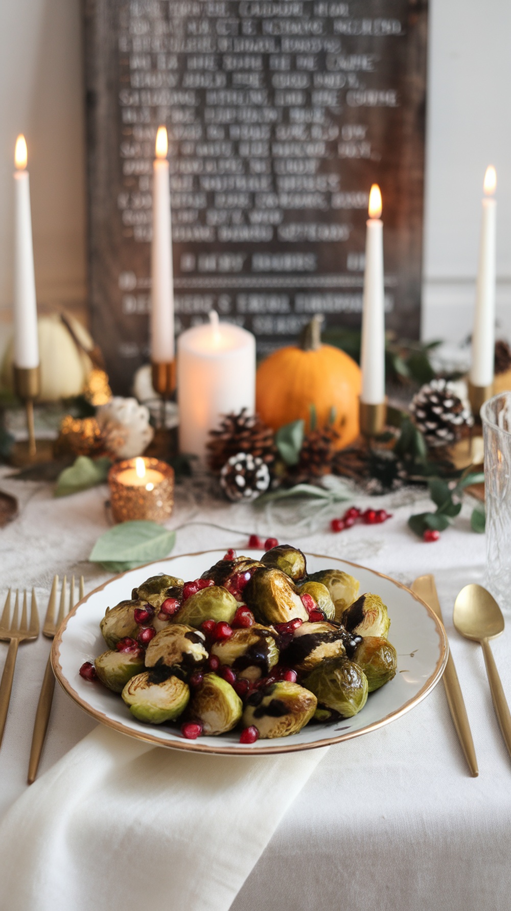 A plate of roasted Brussels sprouts with balsamic glaze and pomegranate seeds, set on a festive Thanksgiving table.
